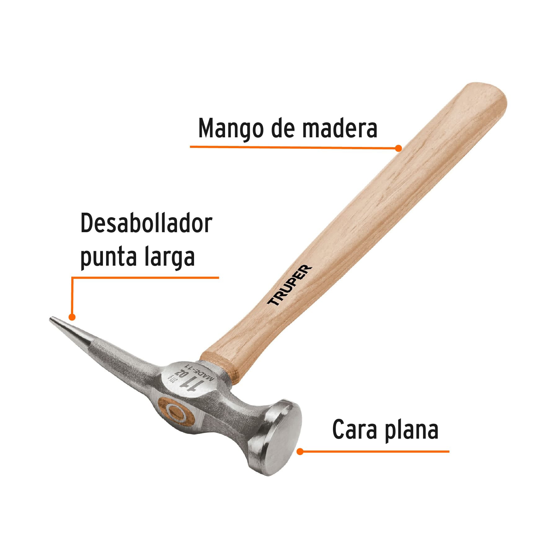 Martillo desabollador 11 oz punta larga, mango 12", TRUPER