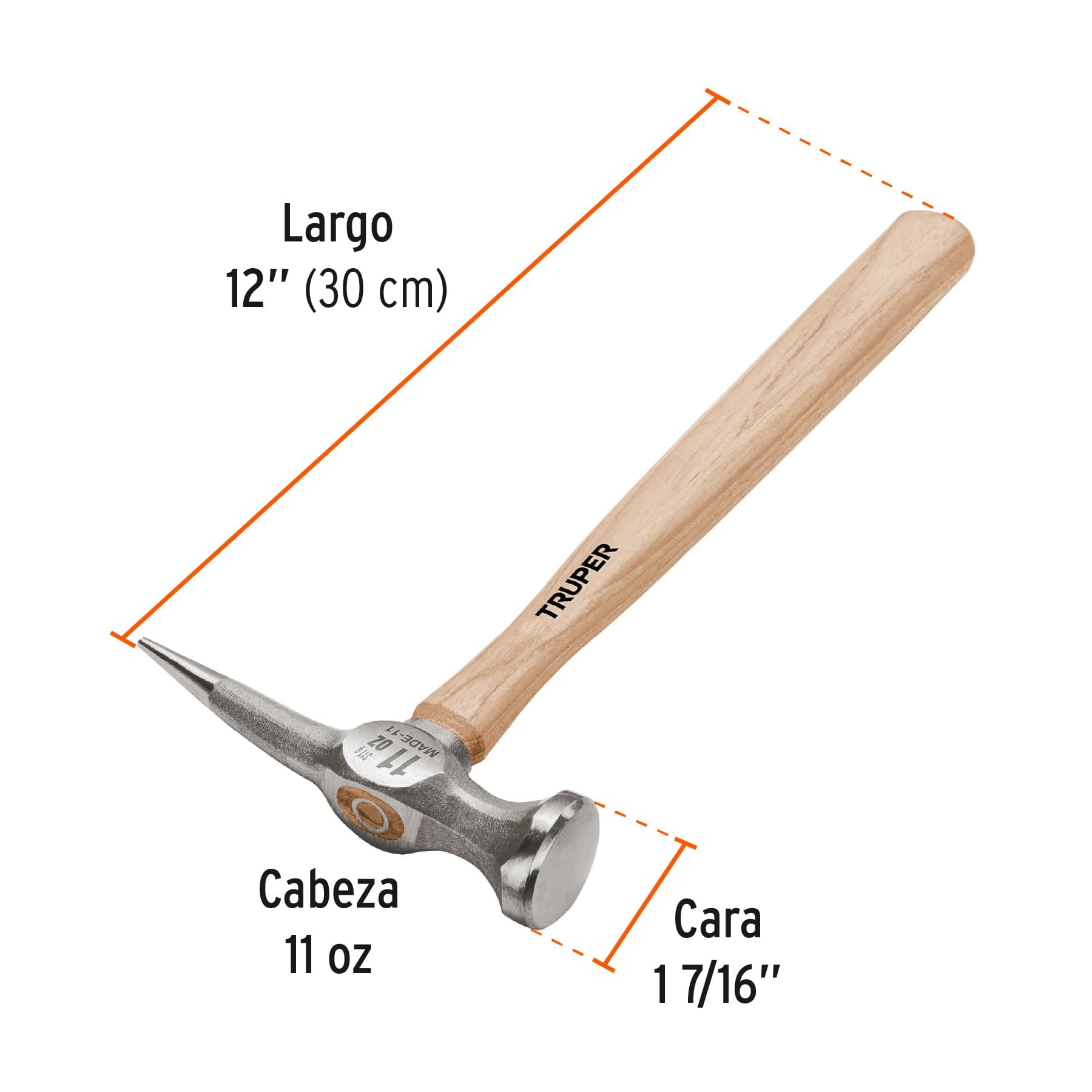 Martillo desabollador 11 oz punta larga, mango 12", TRUPER
