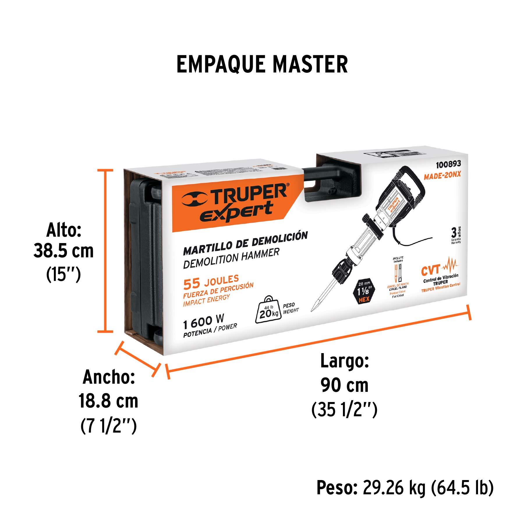 Martillo demoledor HEX 20 kg, 55J, 1600W, TRUPER EXPERT - Empaque
