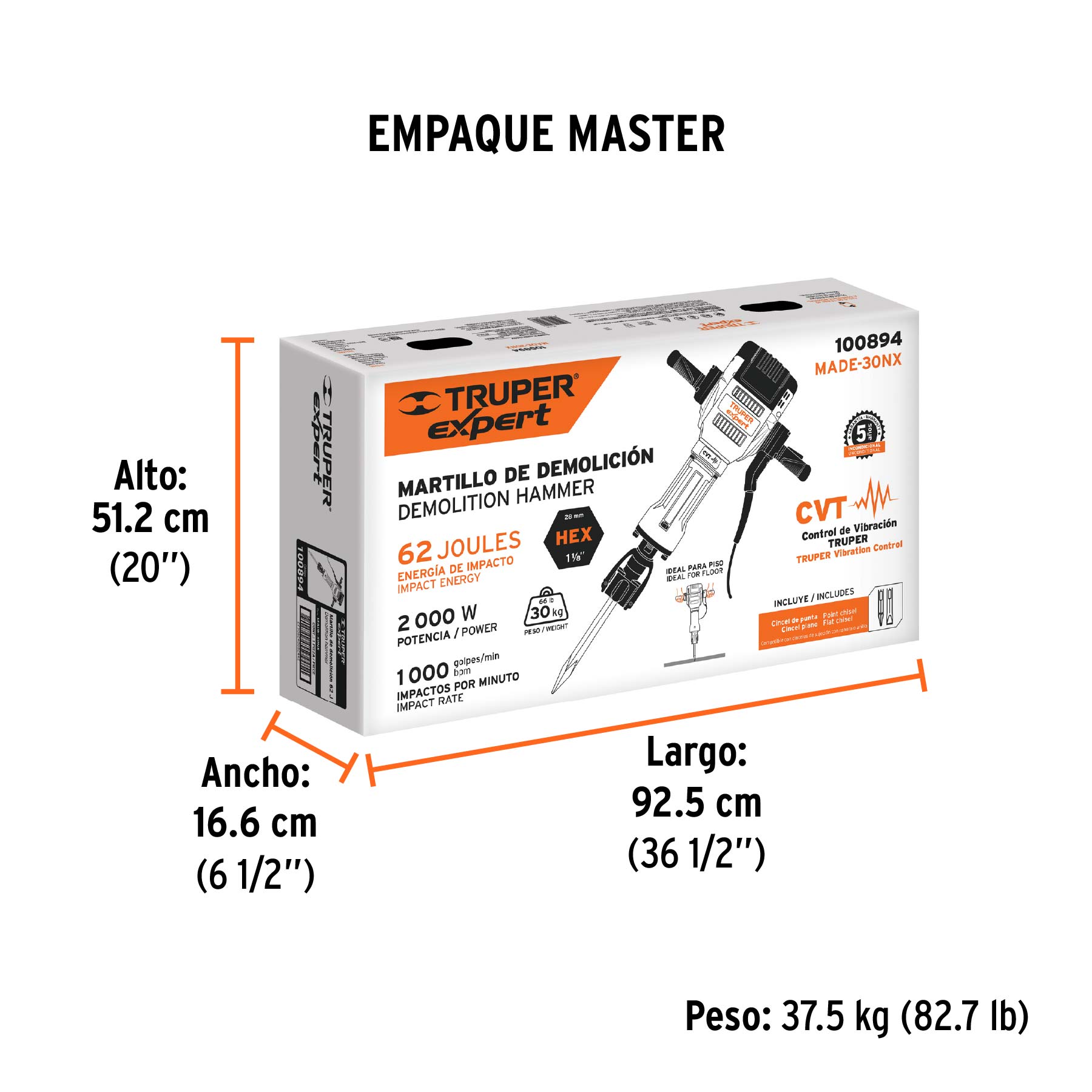Martillo demoledor HEX 30 kg, 62J, 2000W, TRUPER EXPERT - Empaque
