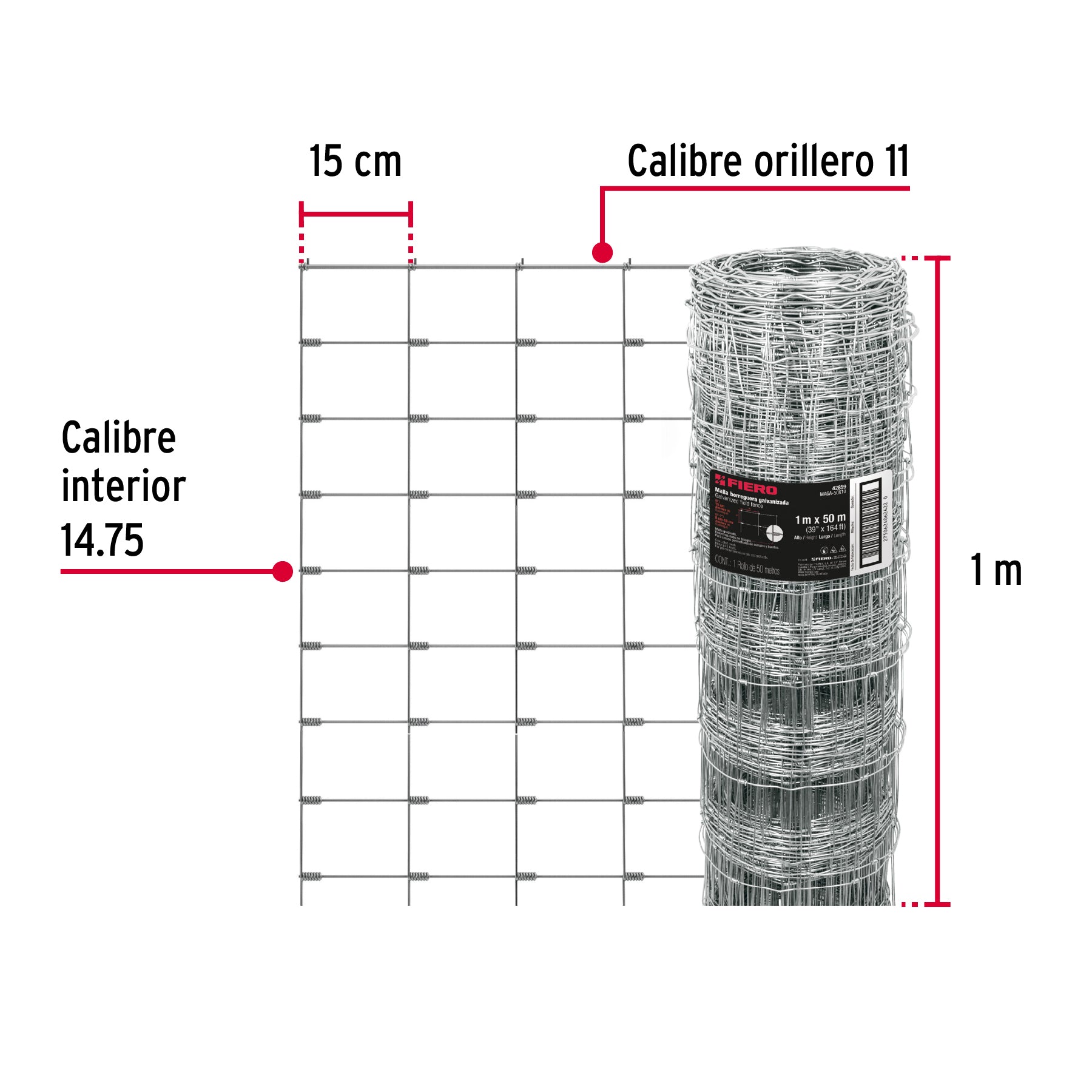 Rollo malla borreguera, 1m x 50m acero galvanizado, 19kg