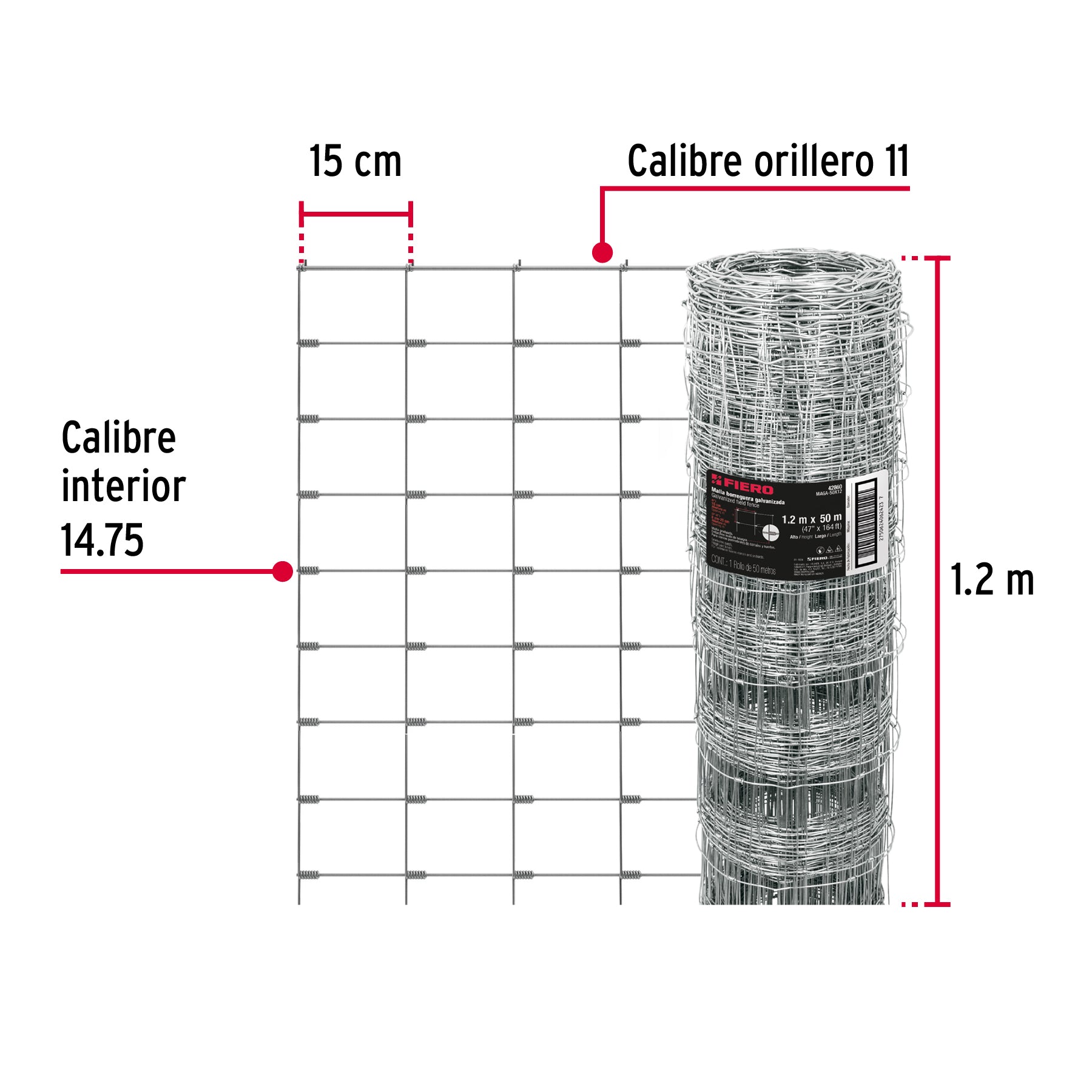 Rollo malla borreguera, 1.2m x 50m acero galvanizado, 23kg