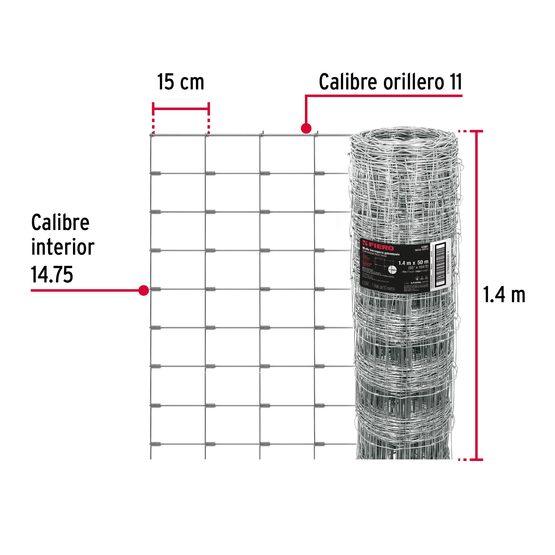 Rollo malla borreguera, 1.4m x 50m acero galvanizado, 26kg