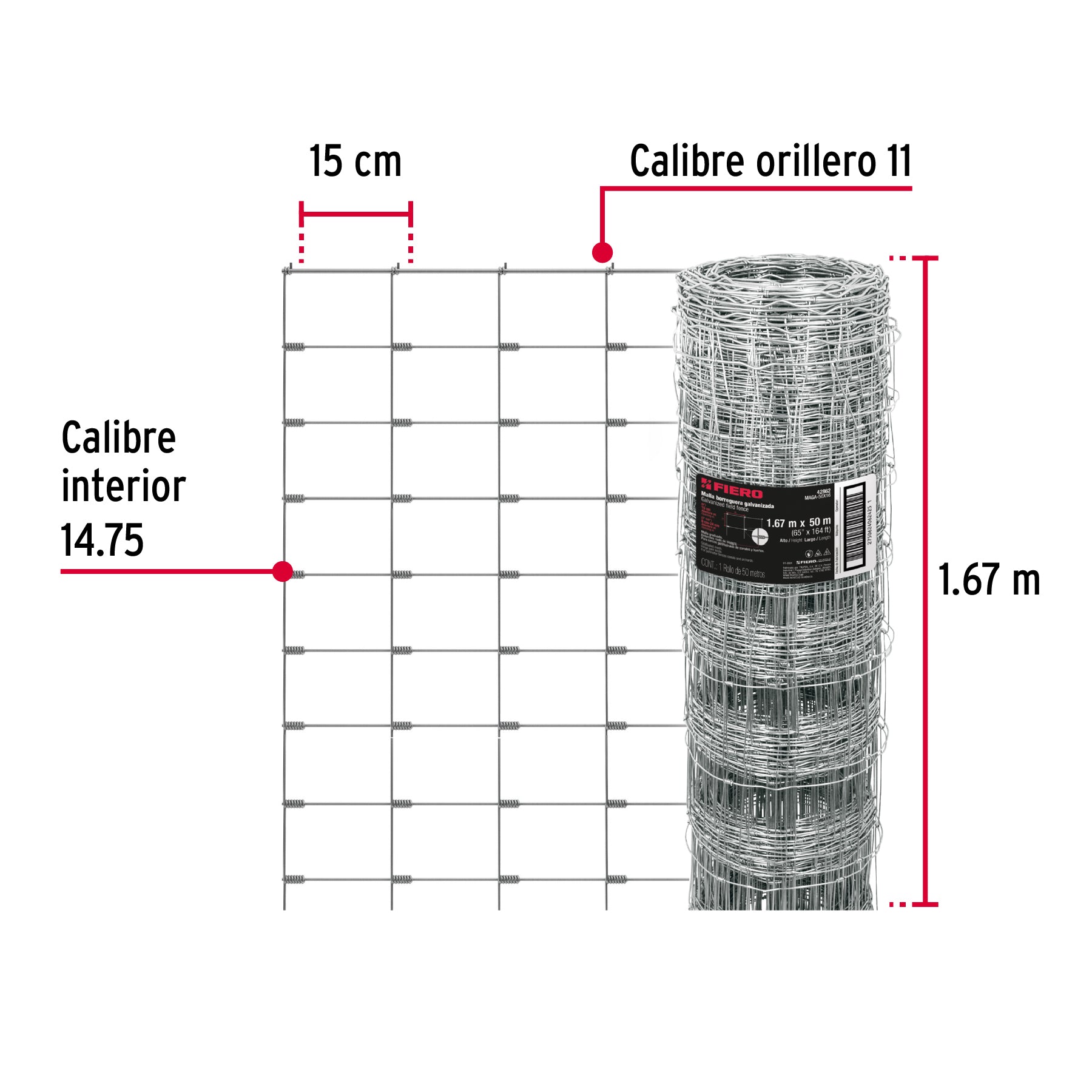 Rollo malla borreguera, 1.67m x 50m acero galvanizado, 28kg