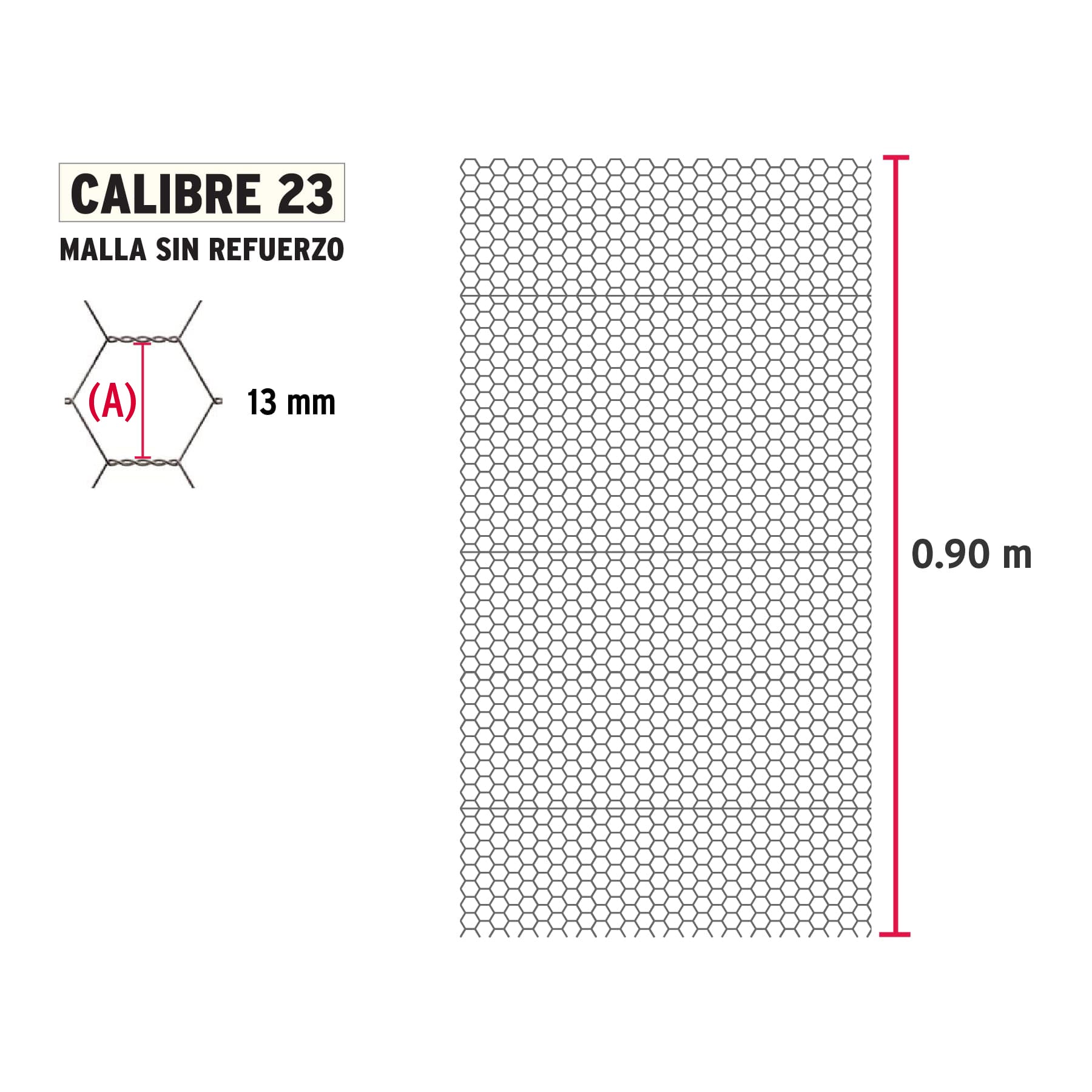 Rollo malla hexagonal cal.23, 0.90x 45m, abertura 13mm, 16kg
