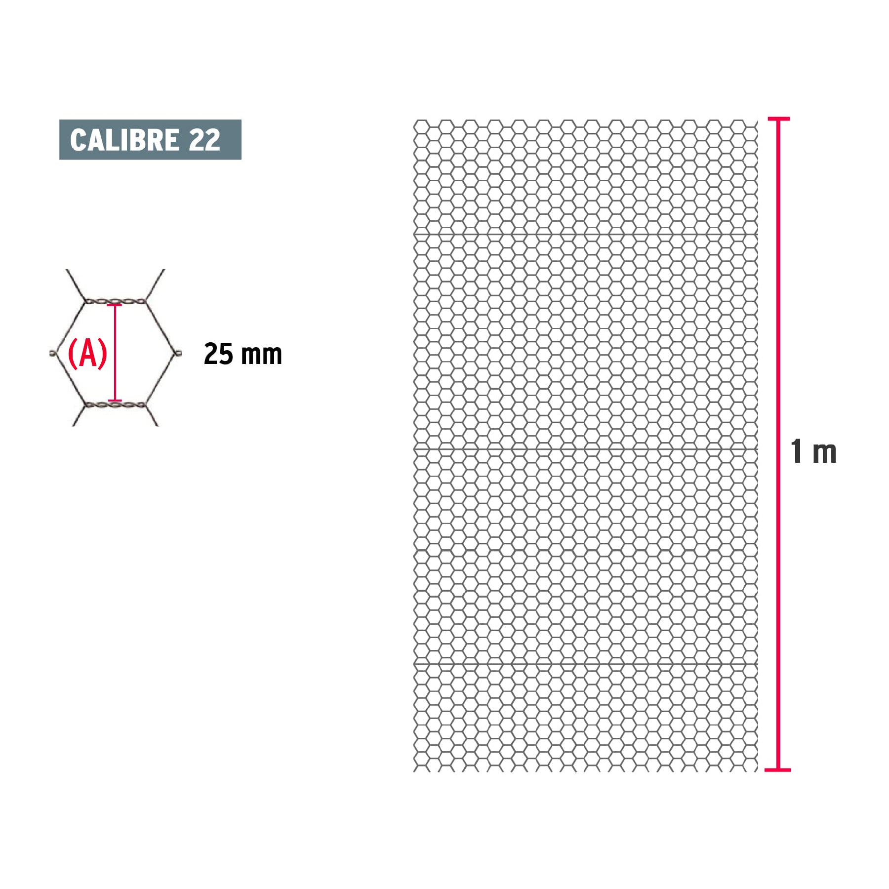 Rollo malla hexagonal cal.22, 1x 45m, abertura 25mm, 13kg