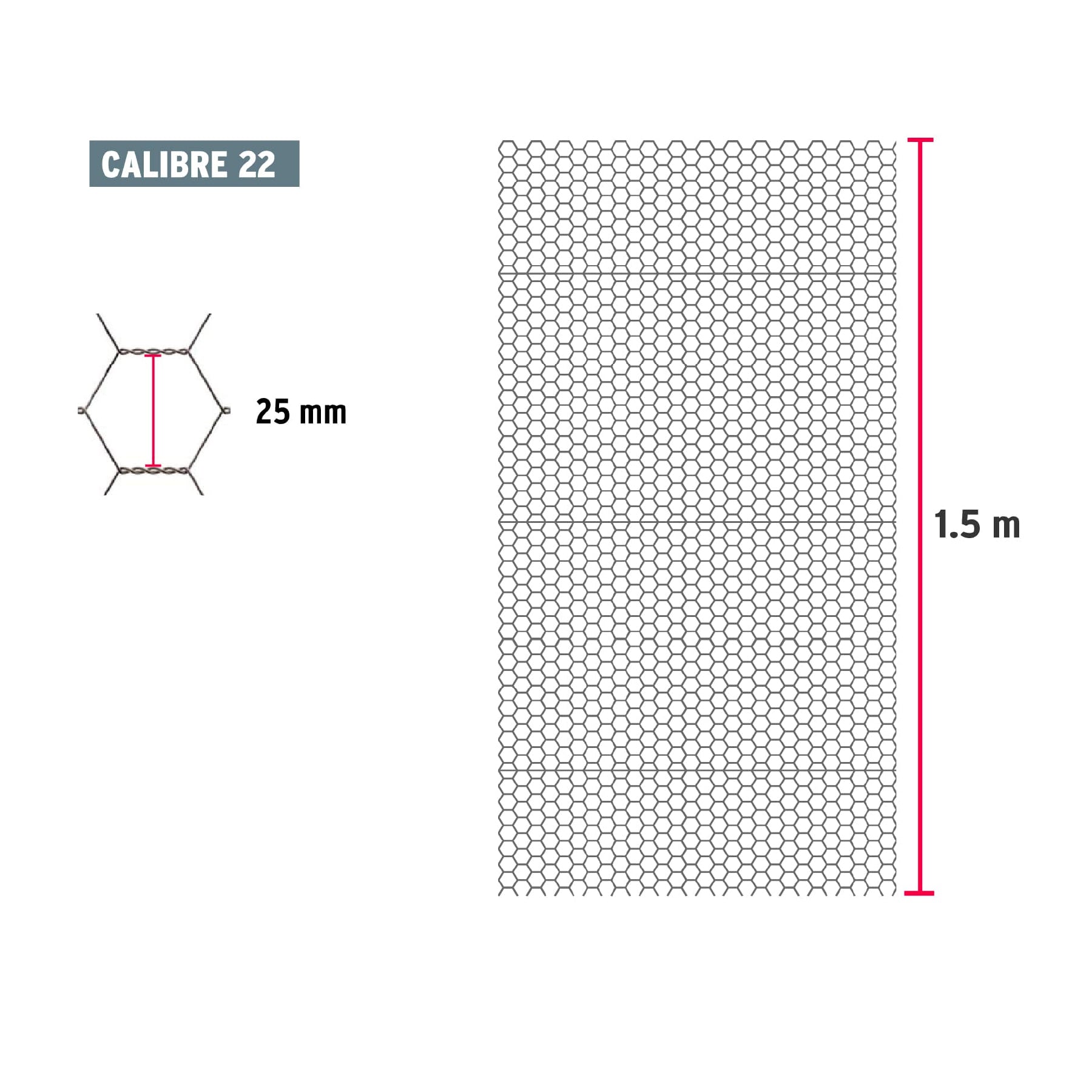 Rollo malla hexagonal cal.22, 1.5x 45m, abertura 25mm, 20kg