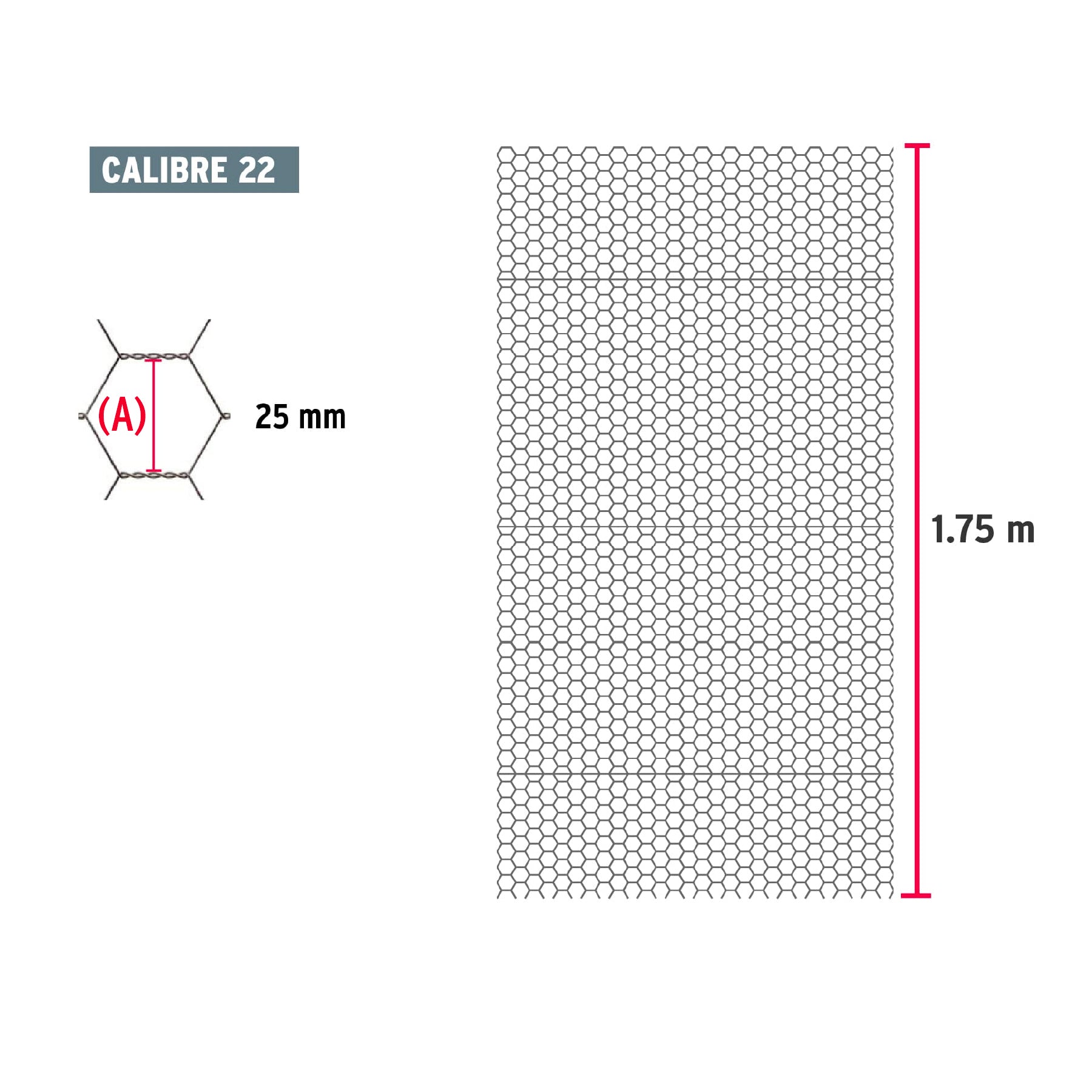 Rollo malla hexagonal cal.22, 1.75x 45m, abertura 25mm, 23kg