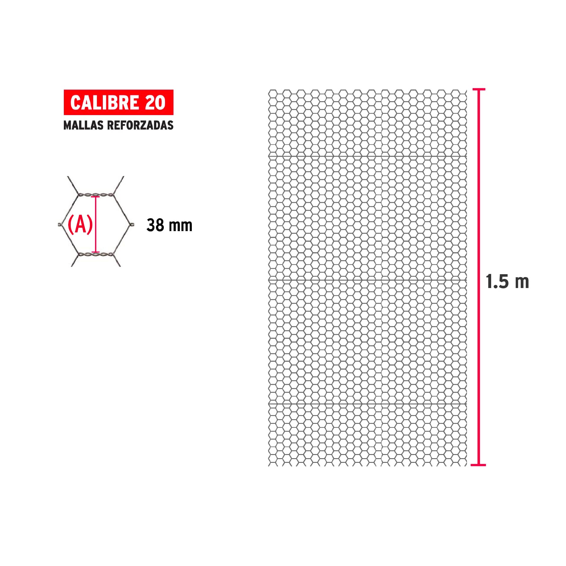 Rollo malla hexagonal cal.20, 1.5x 45m, abertura 38mm, 19kg