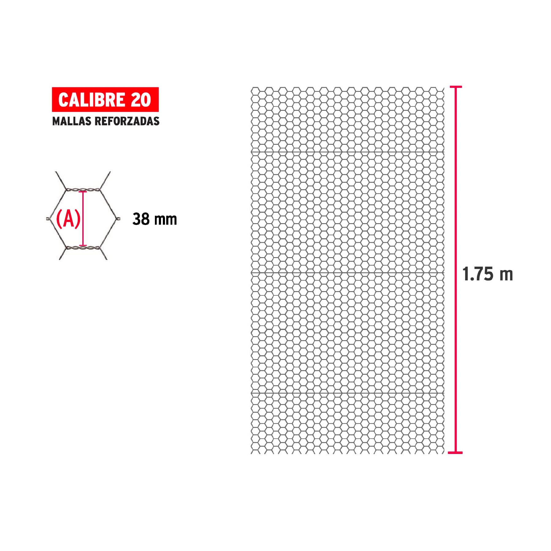 Rollo malla hexagonal cal.20, 1.75x 45m, abertura 38mm, 21kg