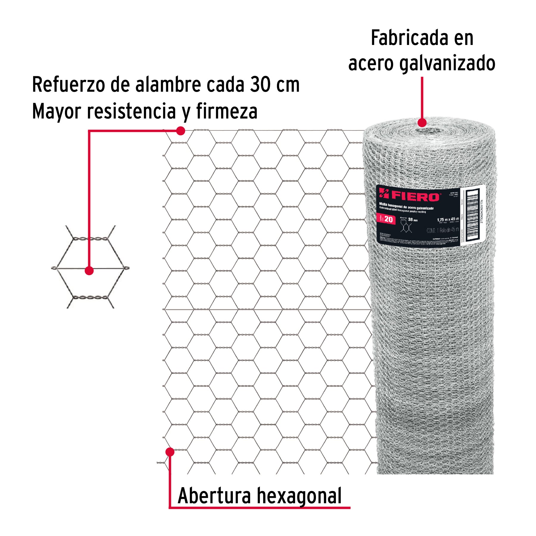 Rollo malla hexagonal cal.20, 1.75x 45m, abertura 38mm, 21kg