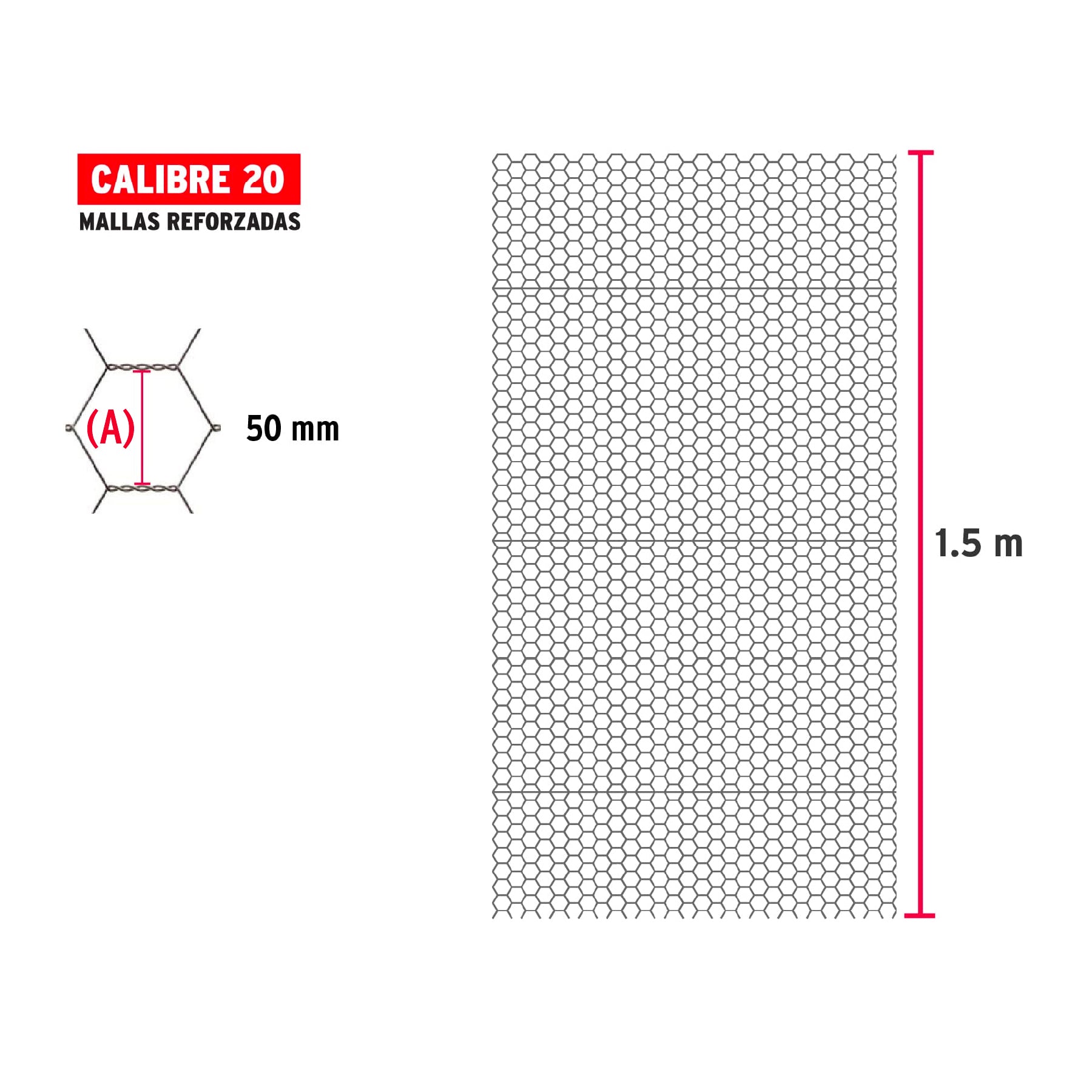 Rollo malla hexagonal cal.20, 1.5x 45m, abertura 50mm, 15kg