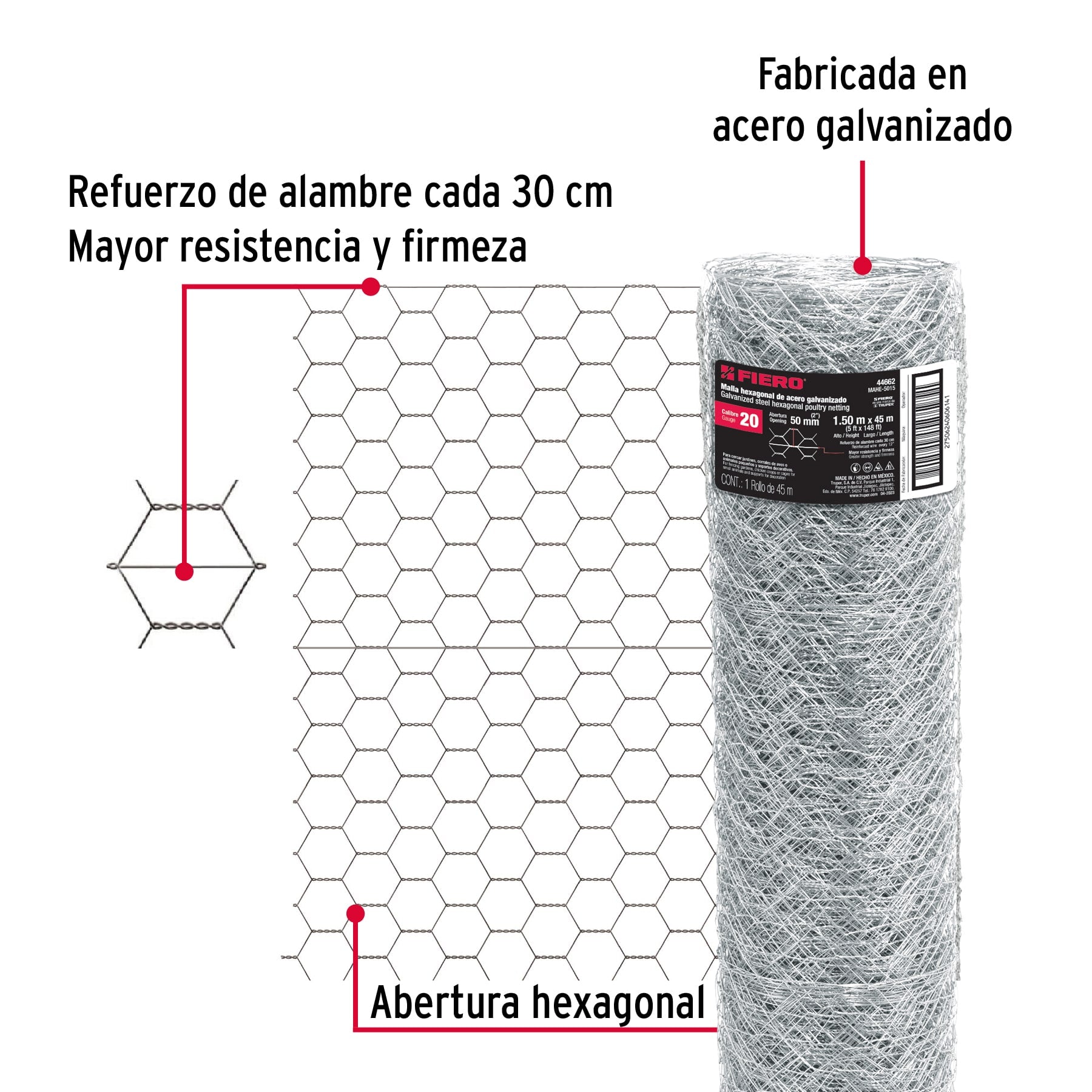Rollo malla hexagonal cal.20, 1.5x 45m, abertura 50mm, 15kg