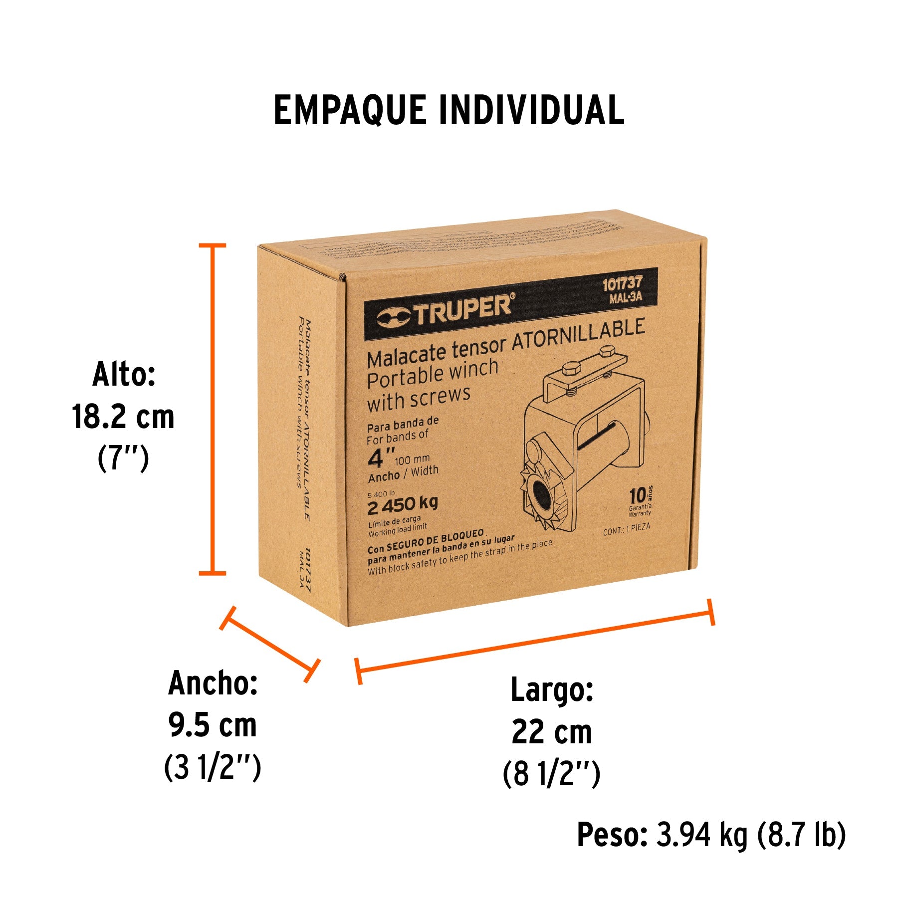Malacate atornillable para banda de 4" ancho, TRUPER - Empaque