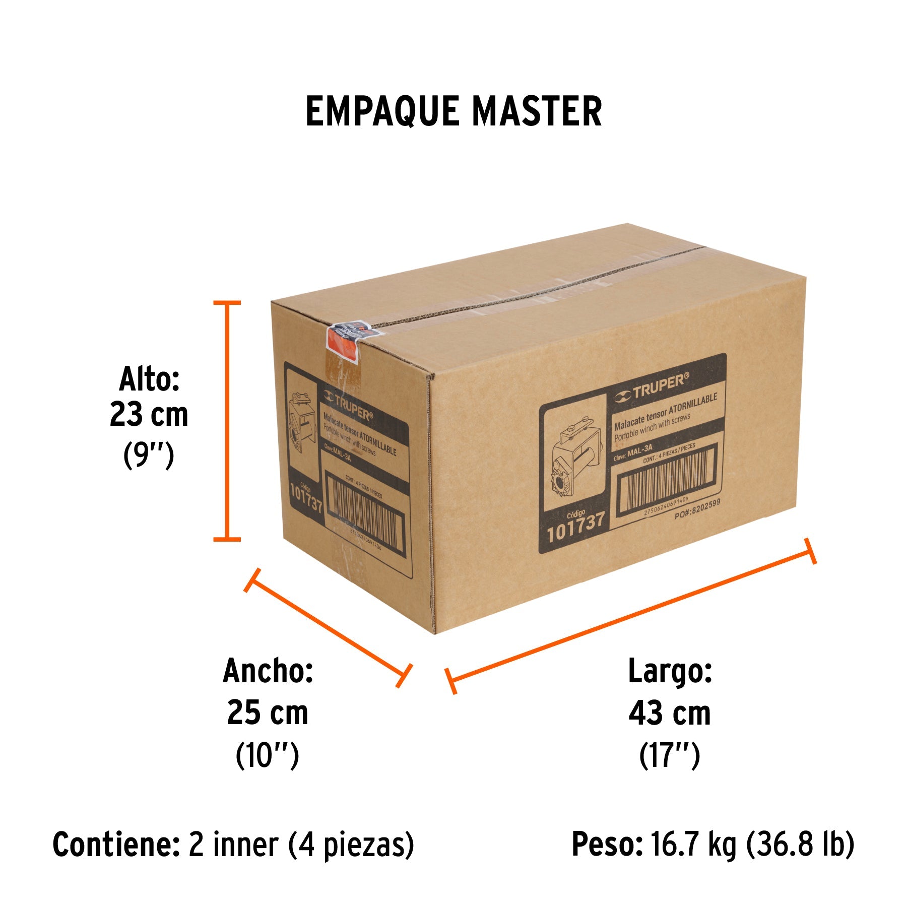 Malacate atornillable para banda de 4" ancho, TRUPER - Empaque