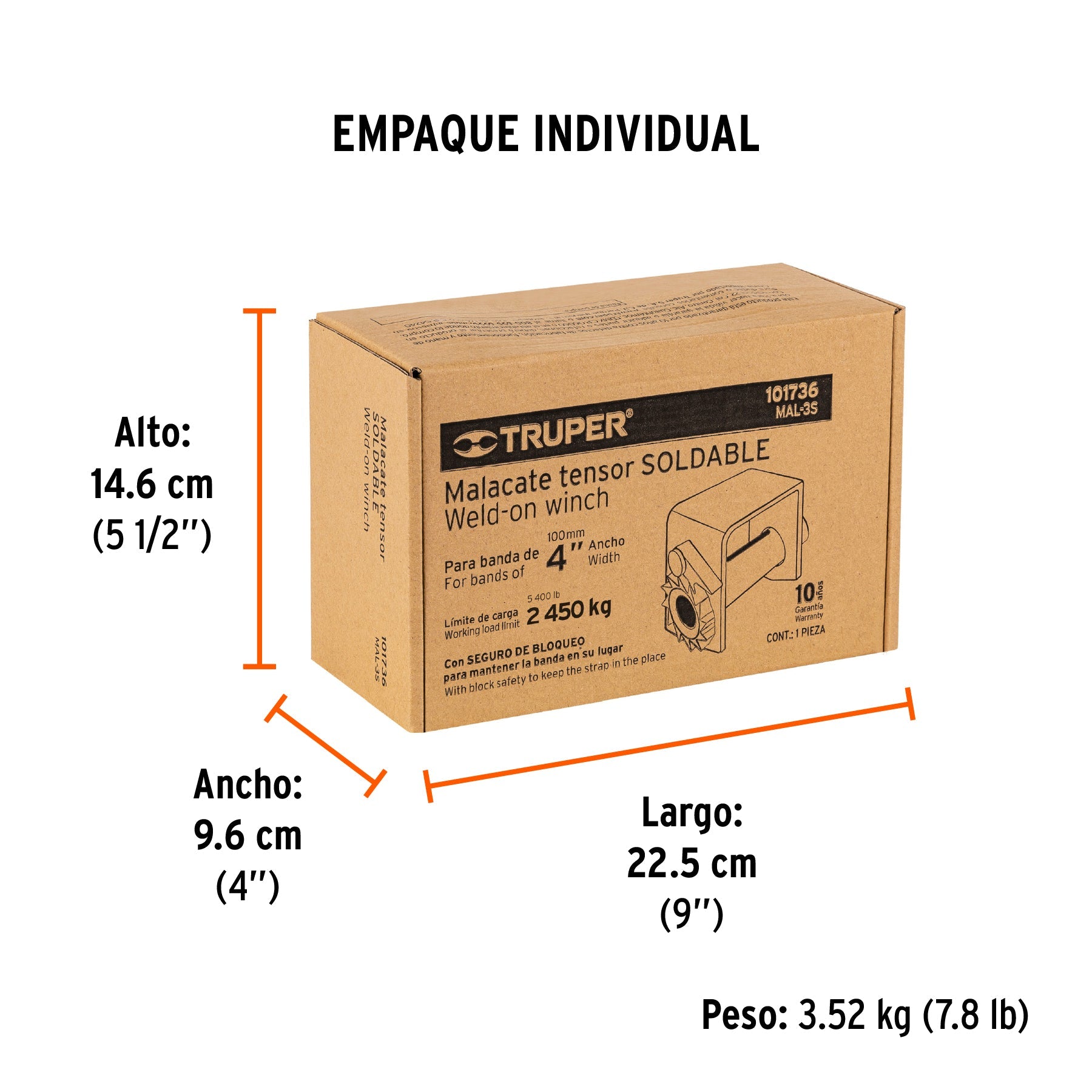Malacate soldable para banda de 4" ancho, TRUPER - Empaque