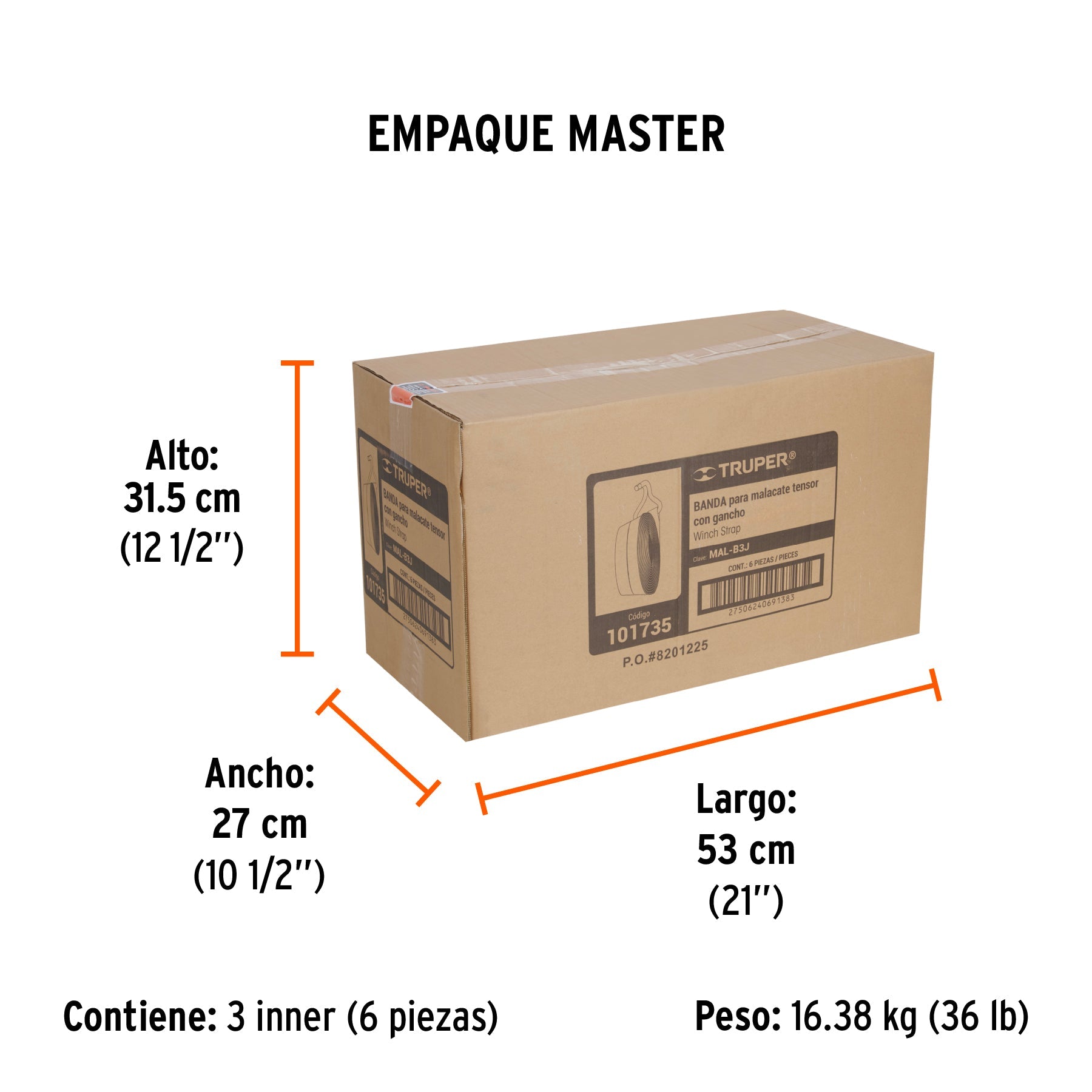 Banda de 4" x 9 m con gancho "J" para malacate, TRUPER - Empaque
