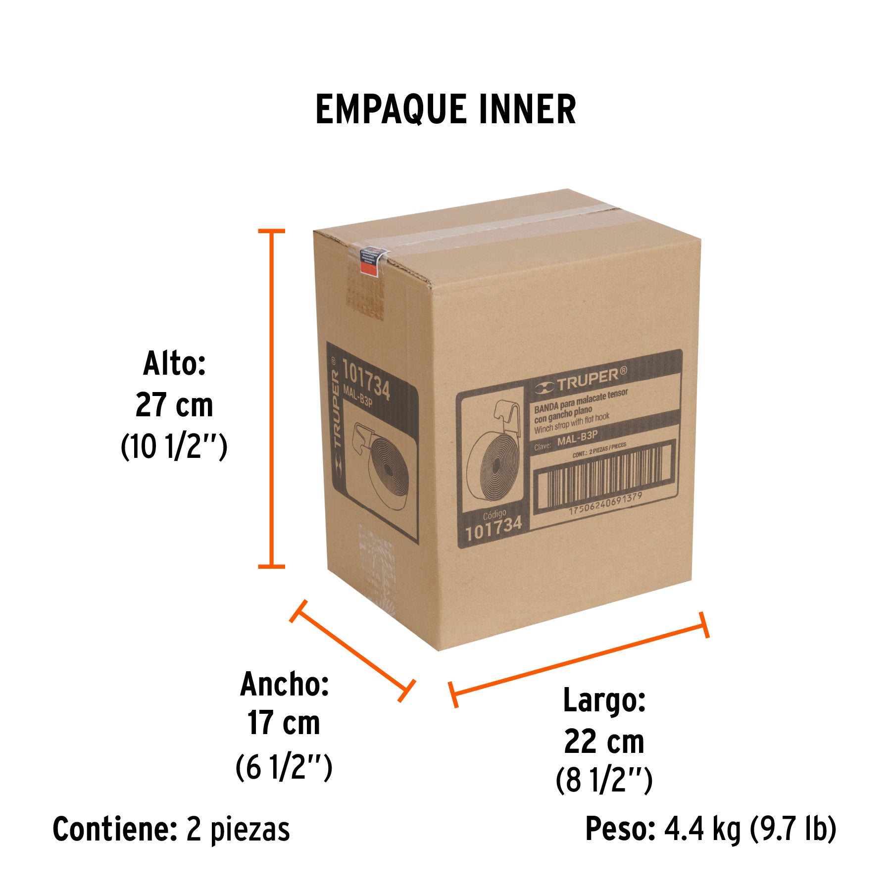 Banda de 4" x 9 m con gancho plano para malacate, TRUPER - Empaque
