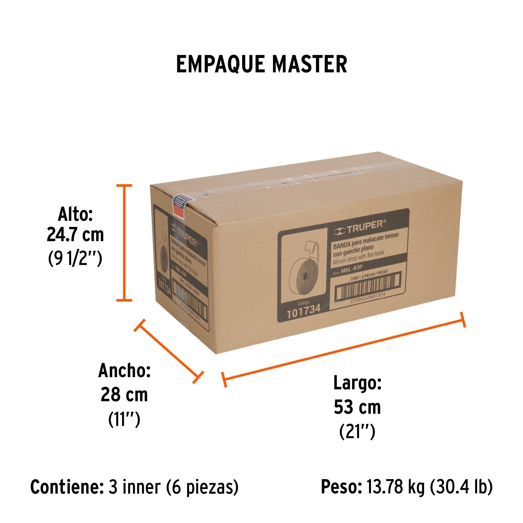 Banda de 4" x 9 m con gancho plano para malacate, TRUPER - Empaque
