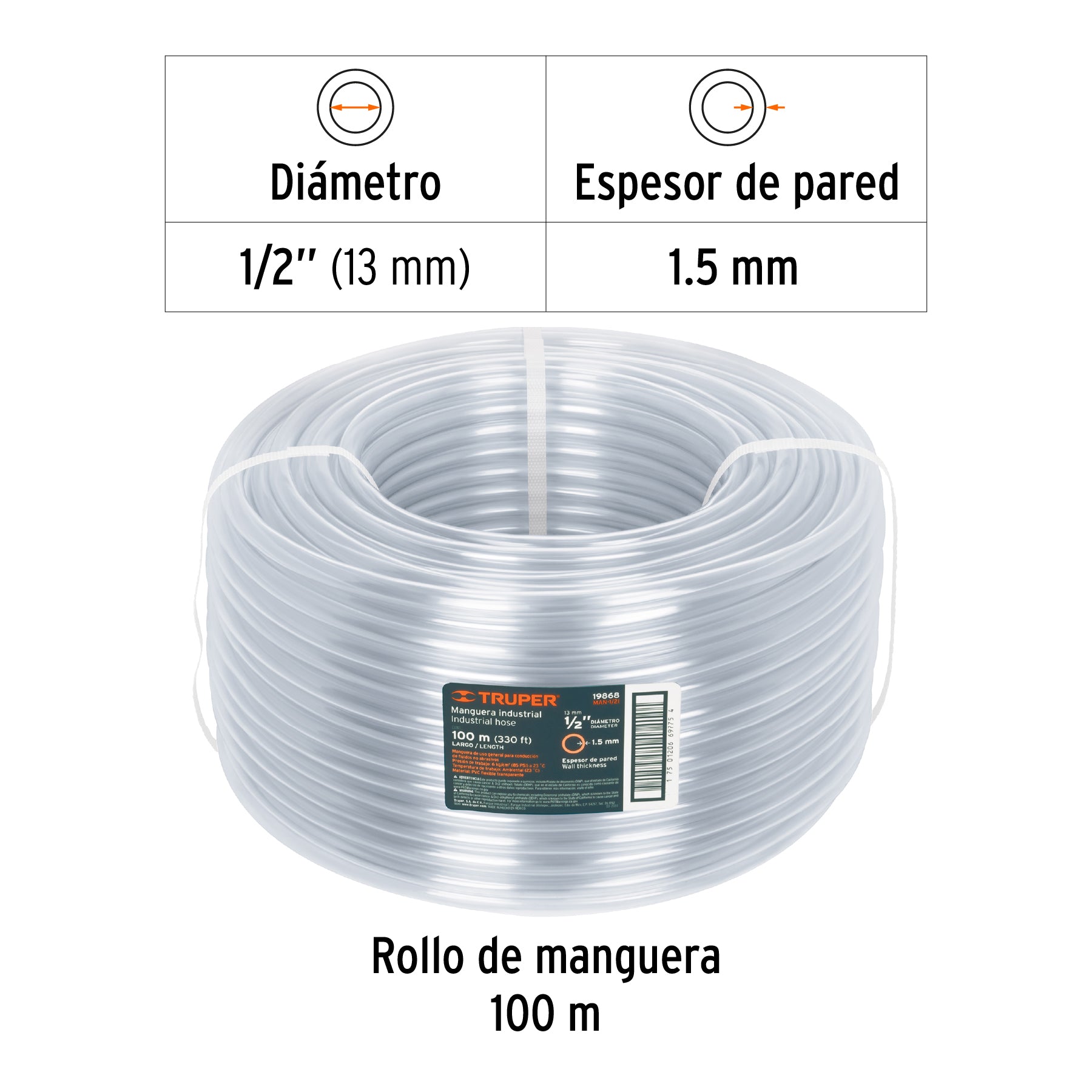 Metro de manguera 1/2" industrial en rollo de 100 m, TRUPER