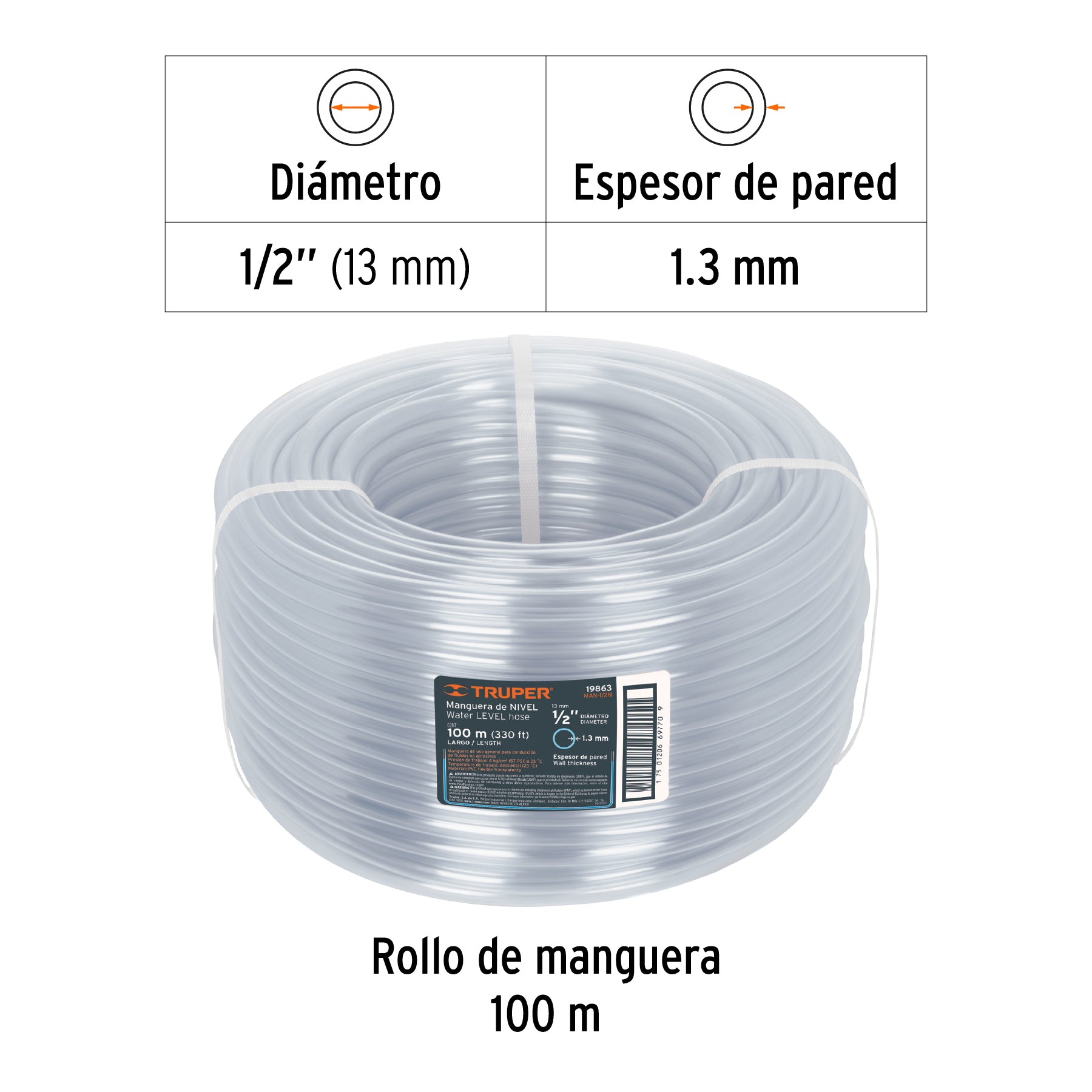Metro de manguera 1/2" de nivel en rollo de 100 m, TRUPER