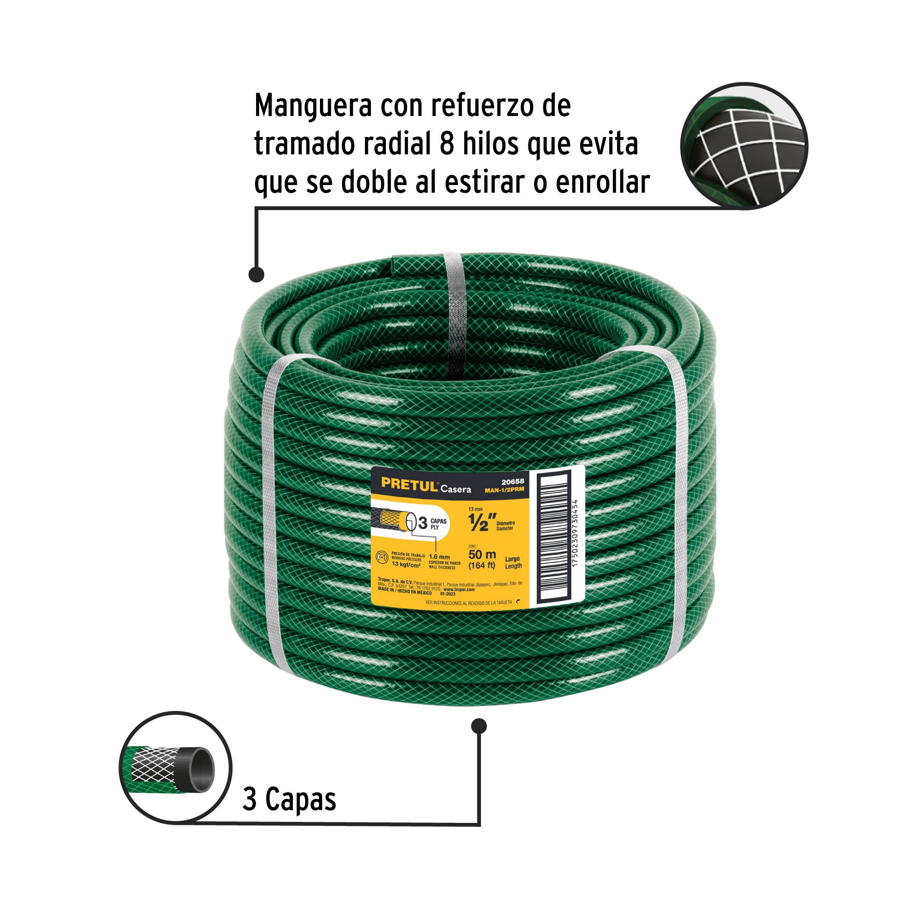 Metro de manguera 1/2" 3 capas en rollo de 50 m, PRETUL