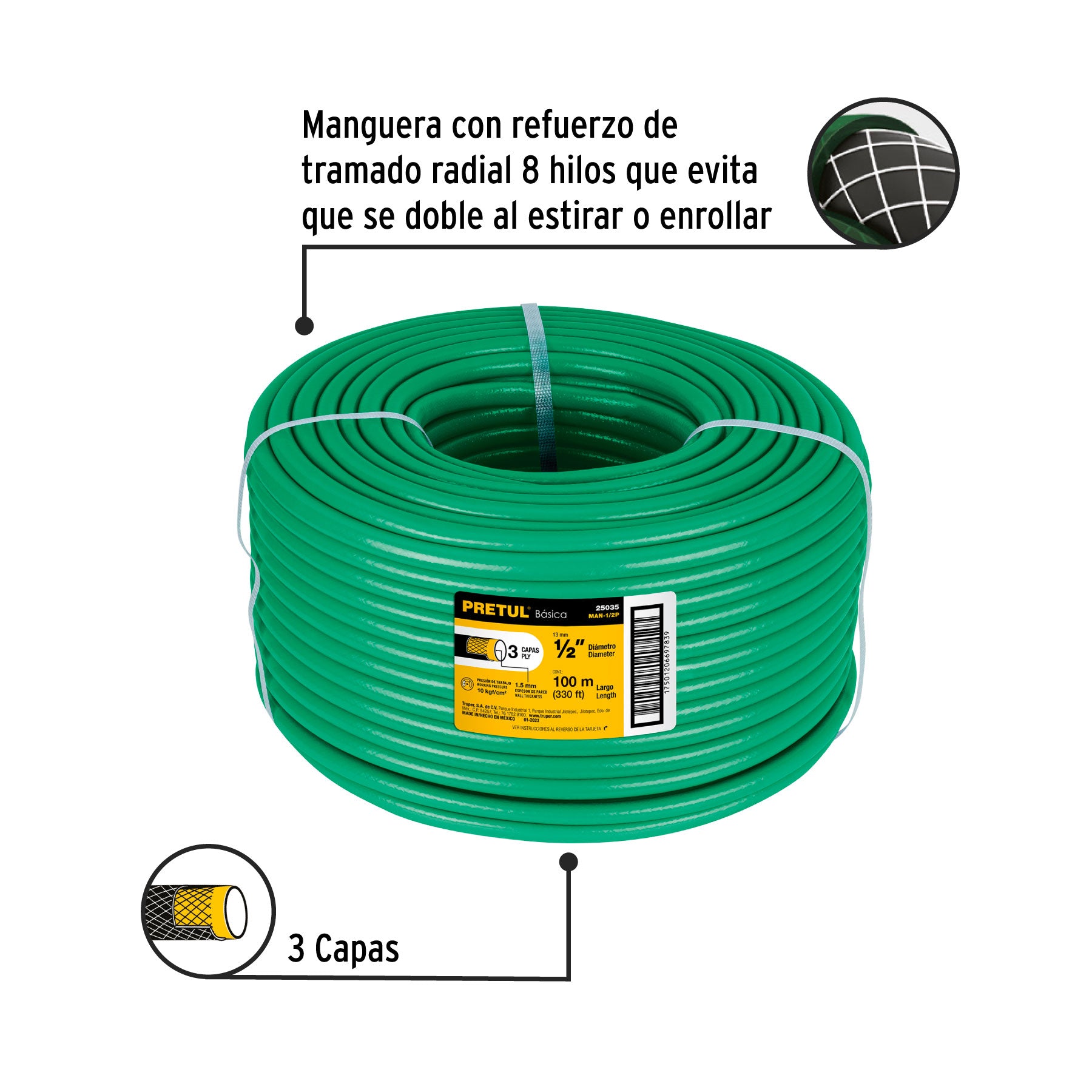 Metro de manguera 1/2" 3 capas en rollo de 100 m, PRETUL