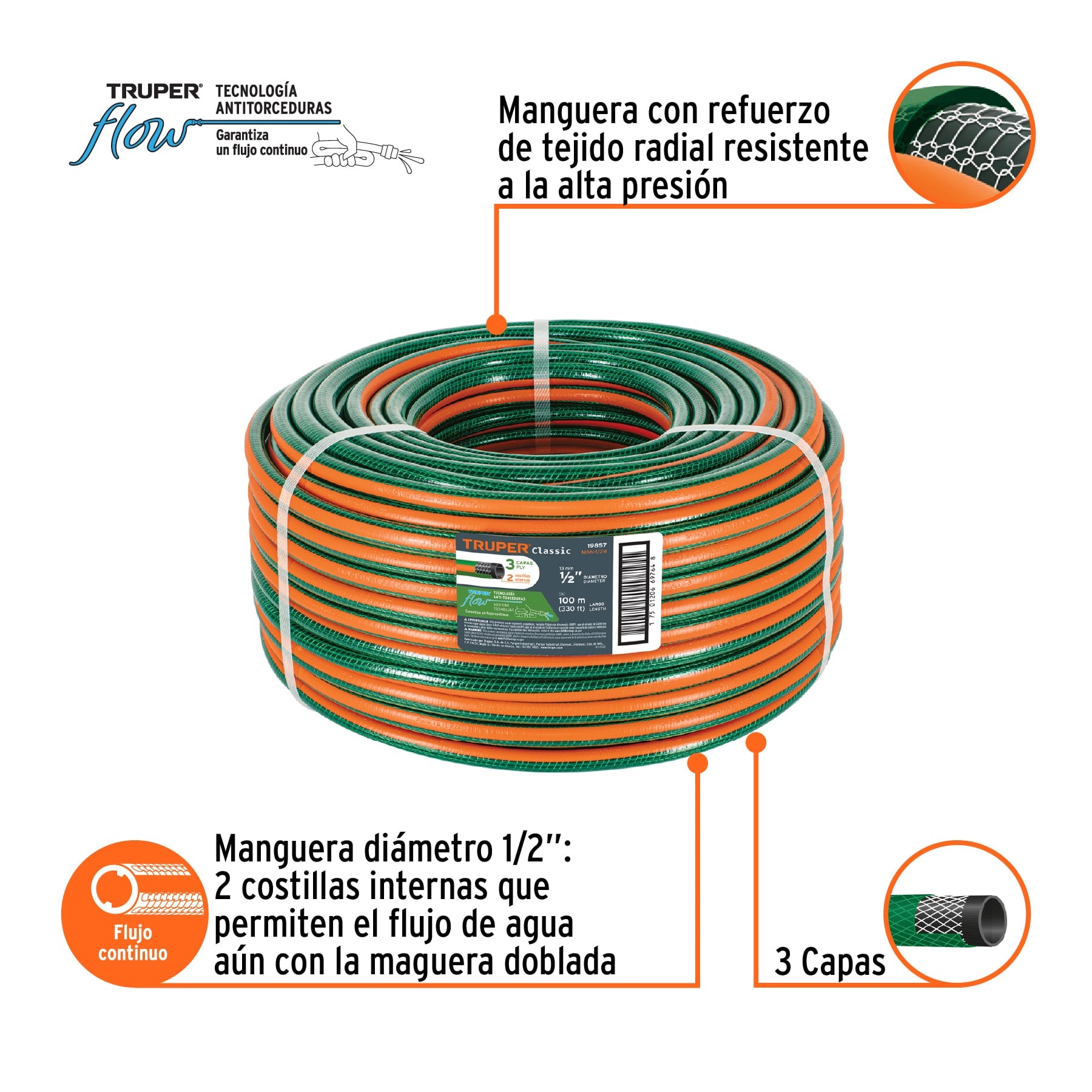 Metro de manguera 1/2" 3 capas en rollo de 100 m, TRUPER