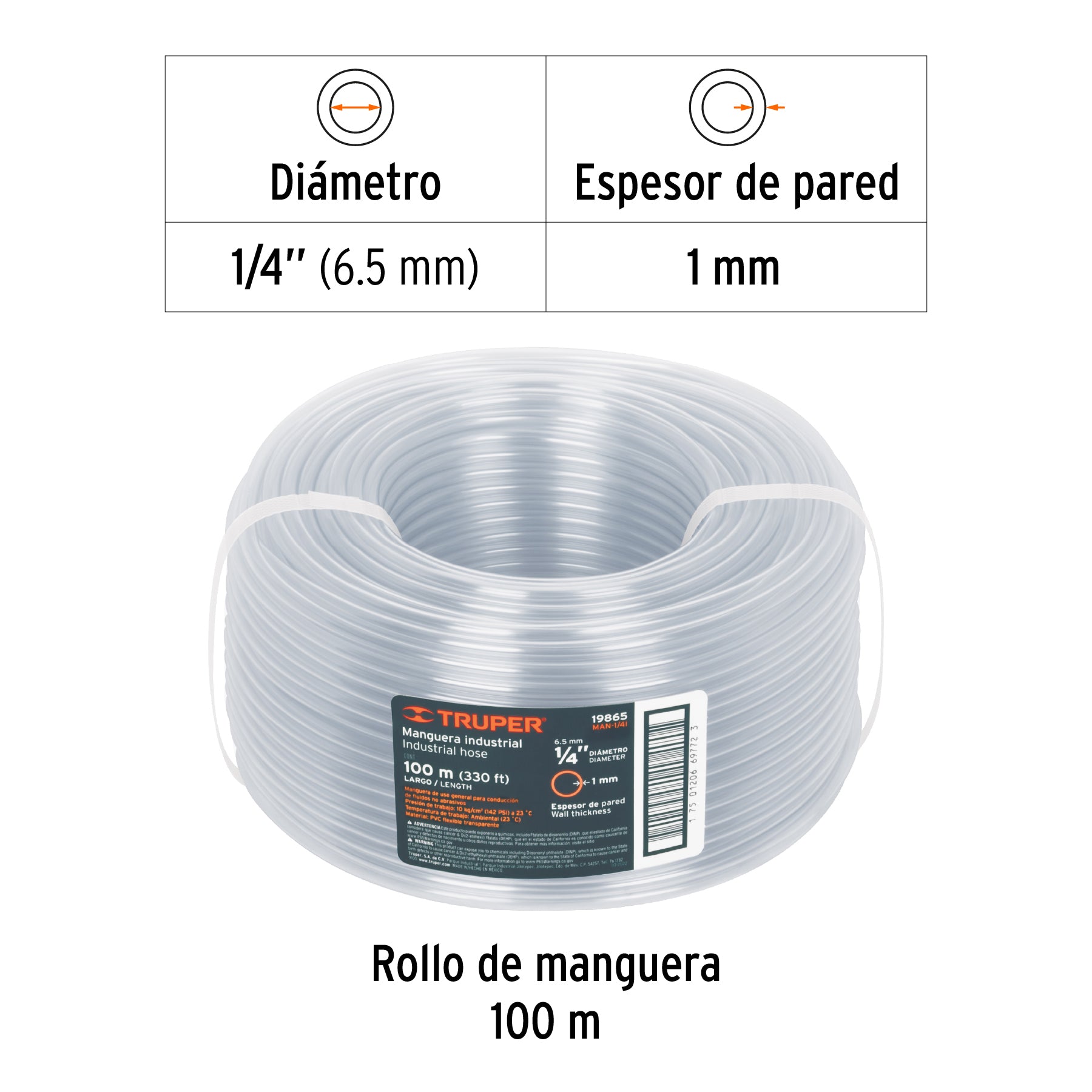 Metro de manguera 1/4" industrial en rollo de 100 m, TRUPER