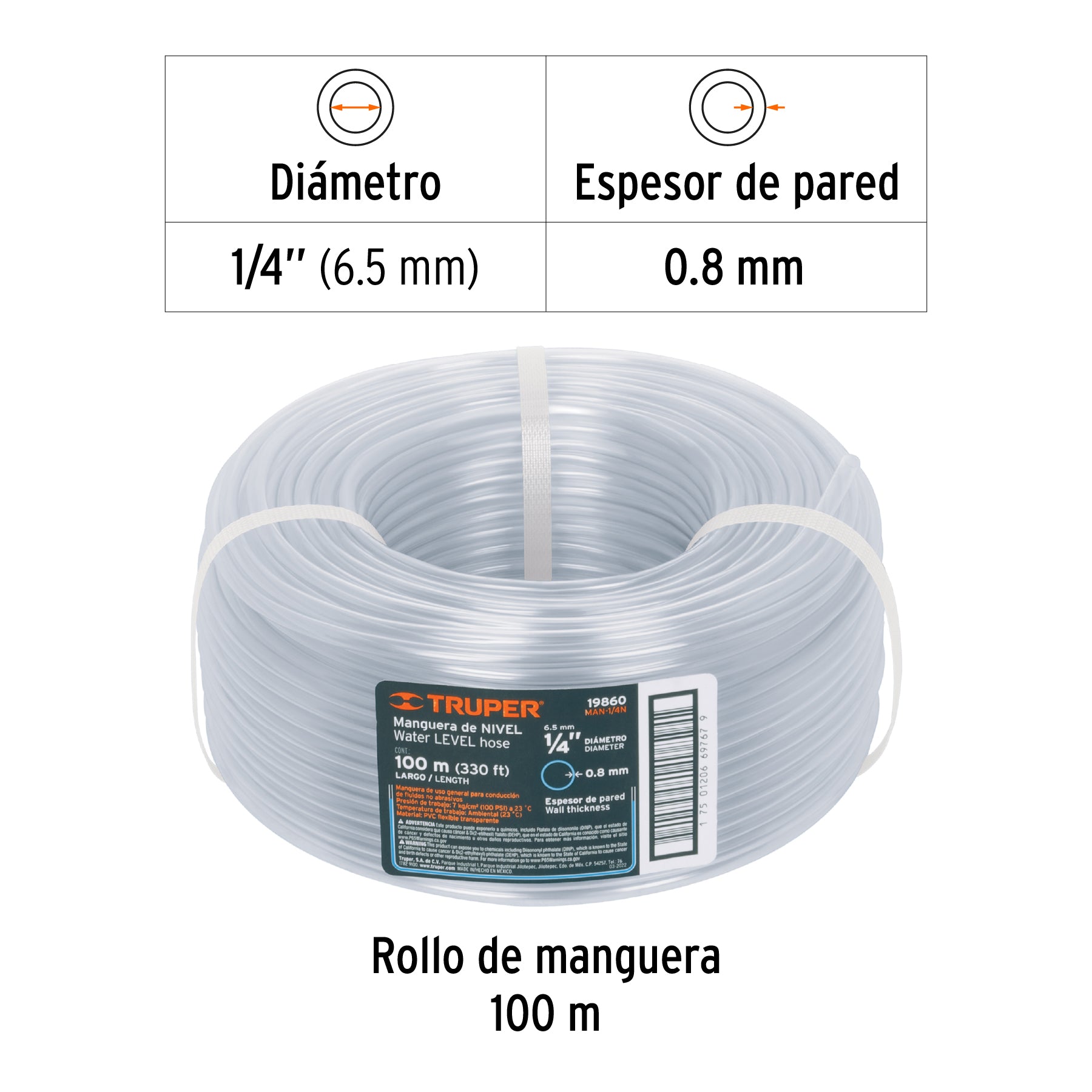 Metro de manguera 1/4" de nivel en rollo de 100 m, TRUPER