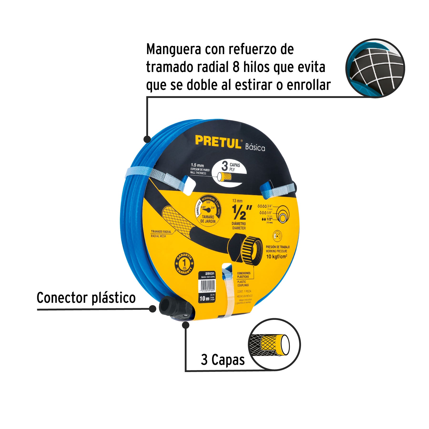 Manguera azul 1/2" 3 capas 10 m conexiones plásticas, PRETUL