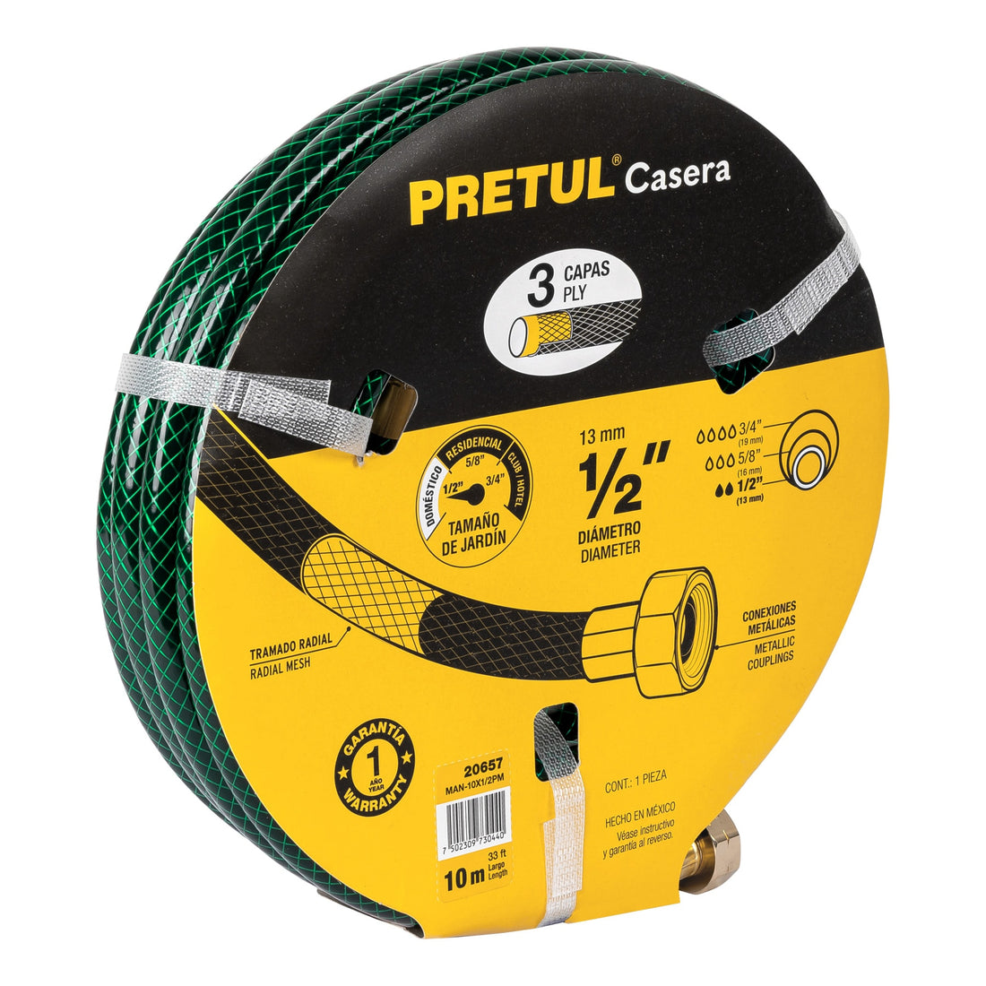 Manguera 1/2" reforzada 3 capas conexiones metal 10m, PRETUL
