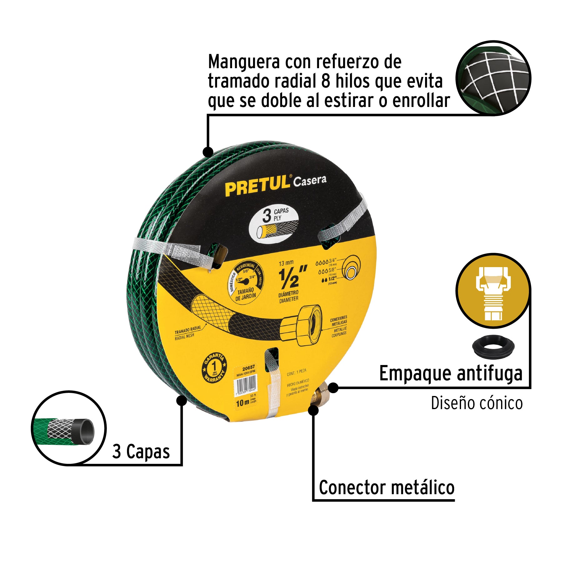 Manguera 1/2" reforzada 3 capas conexiones metal 10m, PRETUL