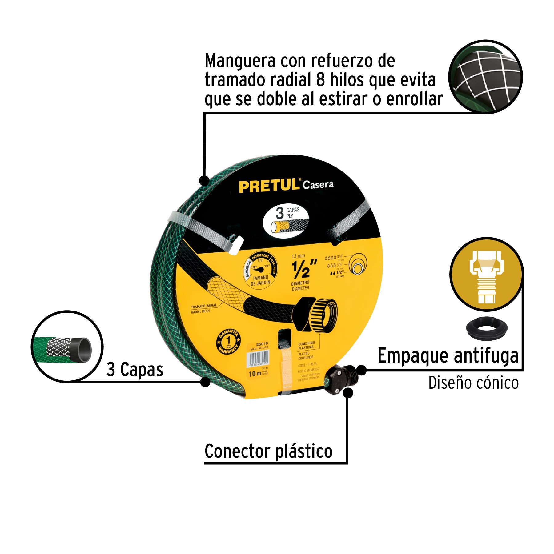 Manguera 1/2" reforzada 3 capas 10m conexiones plást, PRETUL