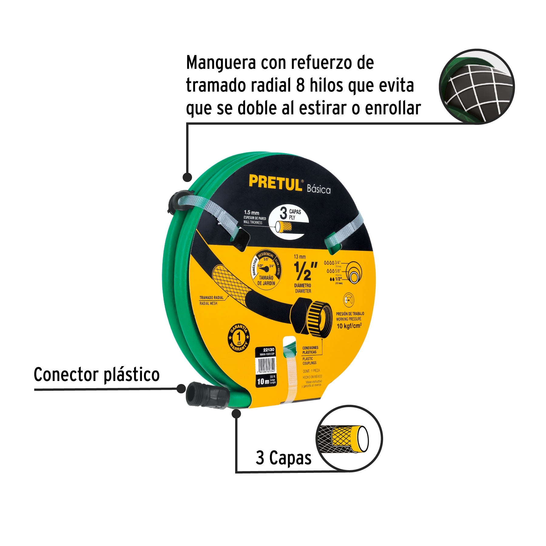 Manguera verde 1/2" 3 capas 10m conexiones plásticas, PRETUL