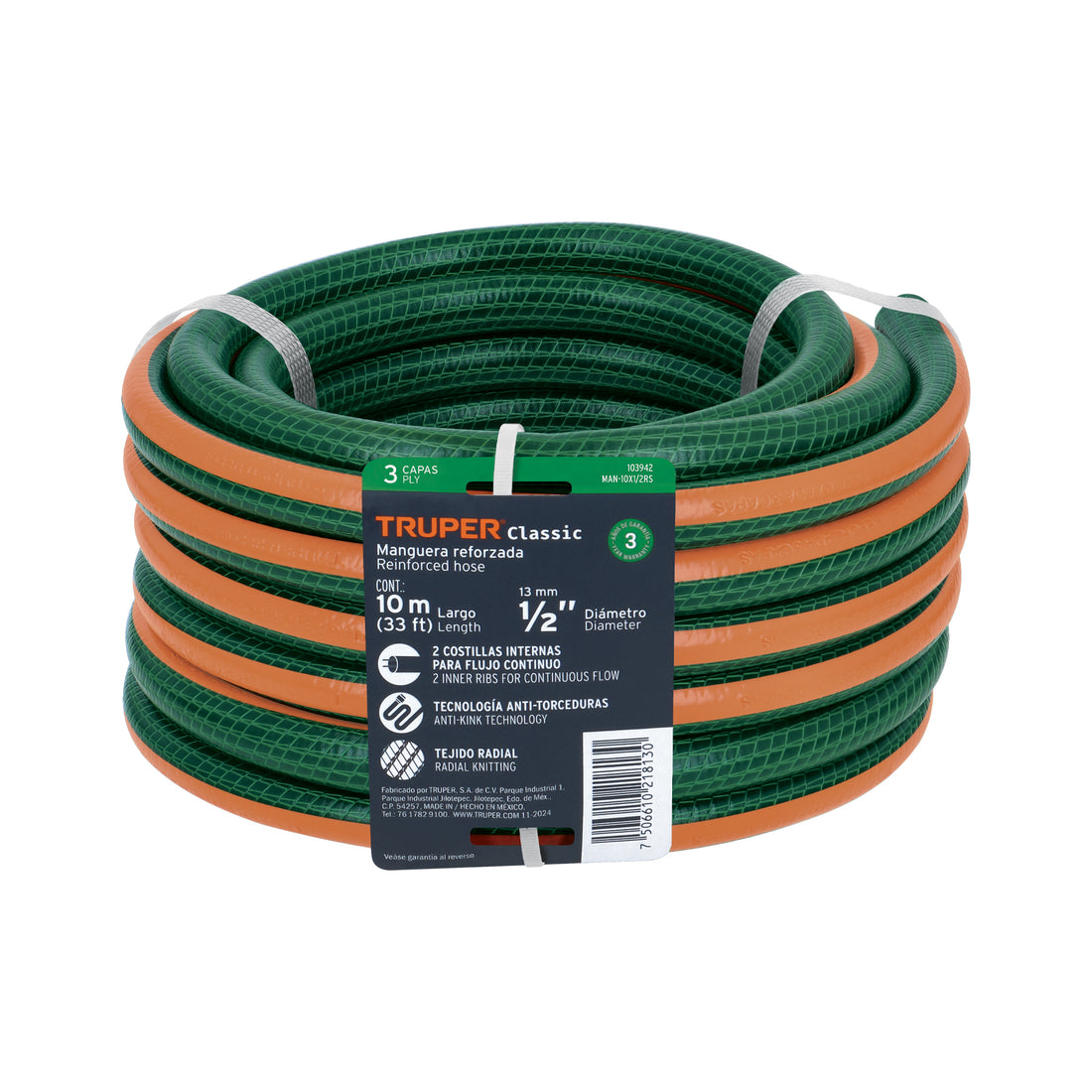 Manguera de jardín 1/2", 3 capas, 10m, sin conexiones TRUPER