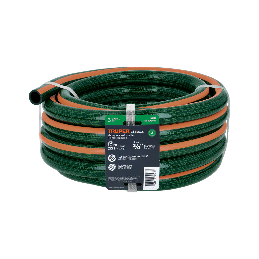Manguera de jardín 3/4", 3 capas, 10m, sin conexiones TRUPER