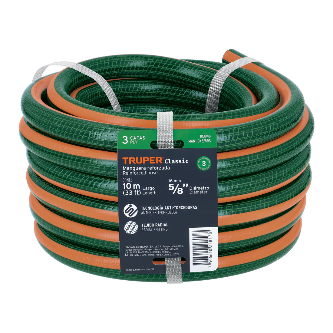 Manguera de jardín 5/8", 3 capas, 10m, sin conexiones TRUPER