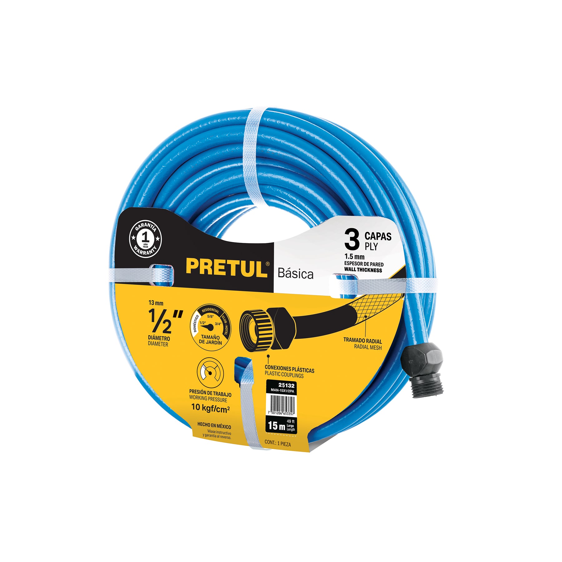 Manguera azul 1/2" 3 capas 15 m conexiones plásticas, PRETUL