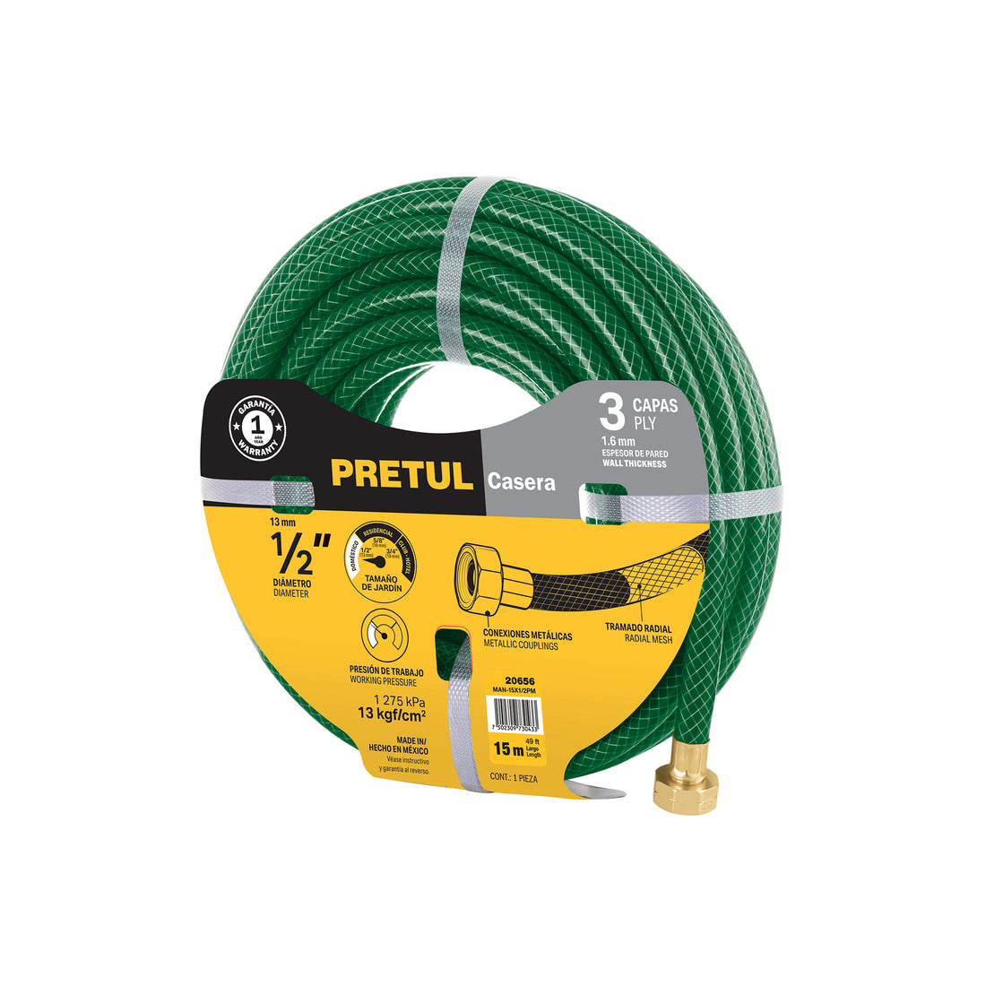 Manguera 1/2" reforzada 3 capas conexiones metal 15m, PRETUL