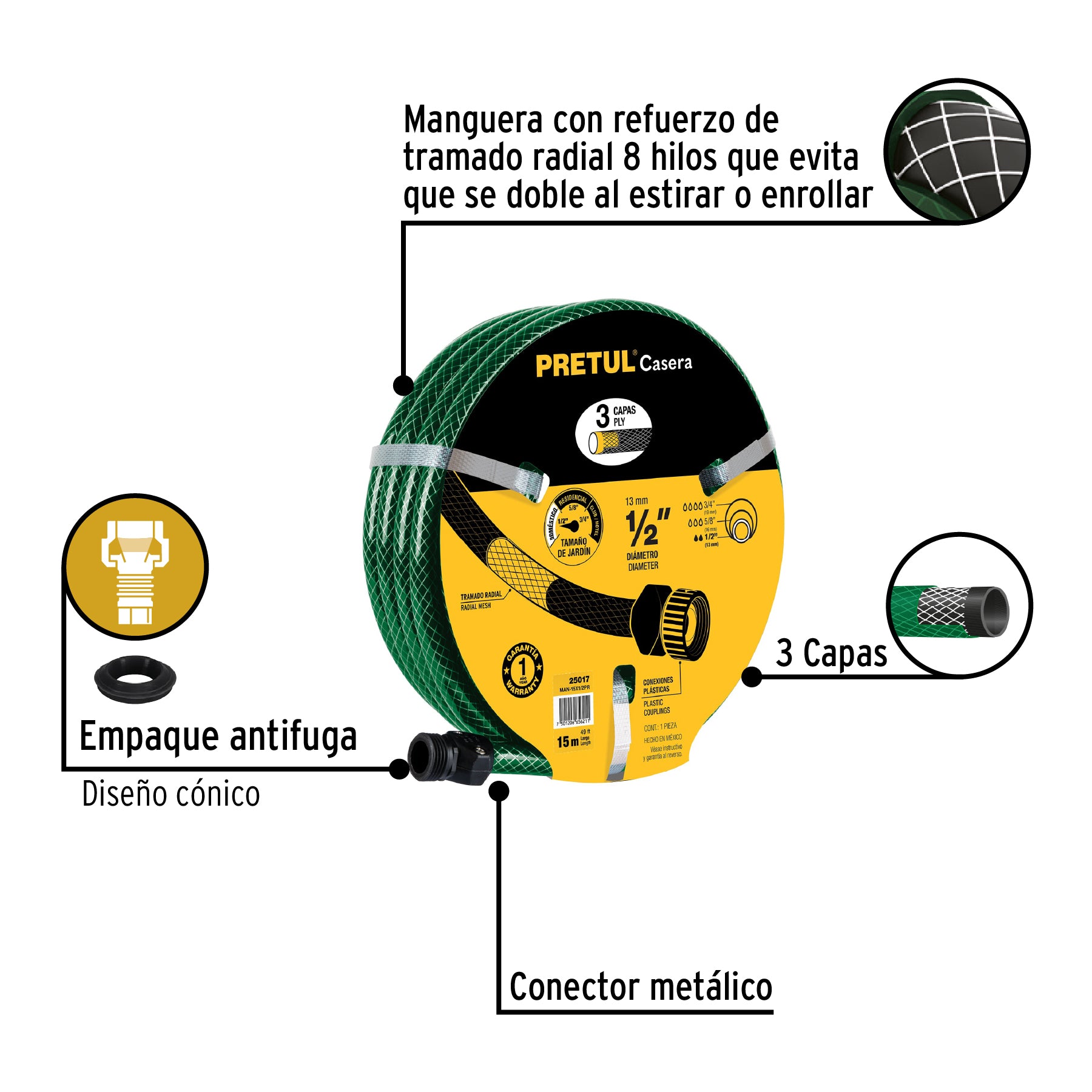 Manguera 1/2" reforzada 3 capas 15m conexiones plást, PRETUL