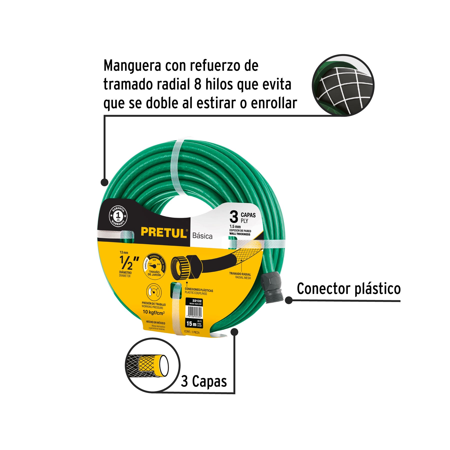 Manguera verde 1/2" 3 capas 15m conexiones plásticas, PRETUL