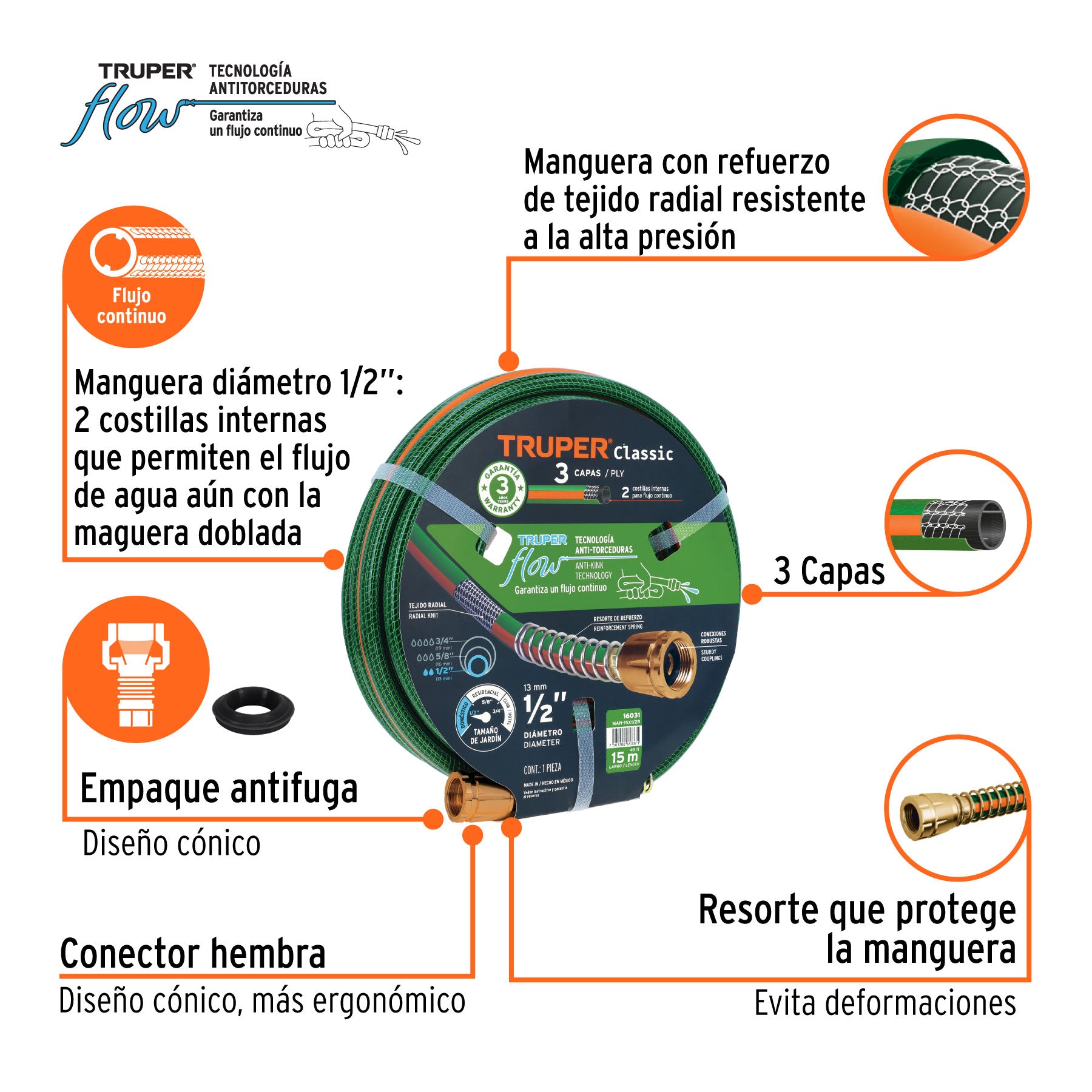 Manguera 1/2" reforzada 3 capas 15 m conexiones de metal