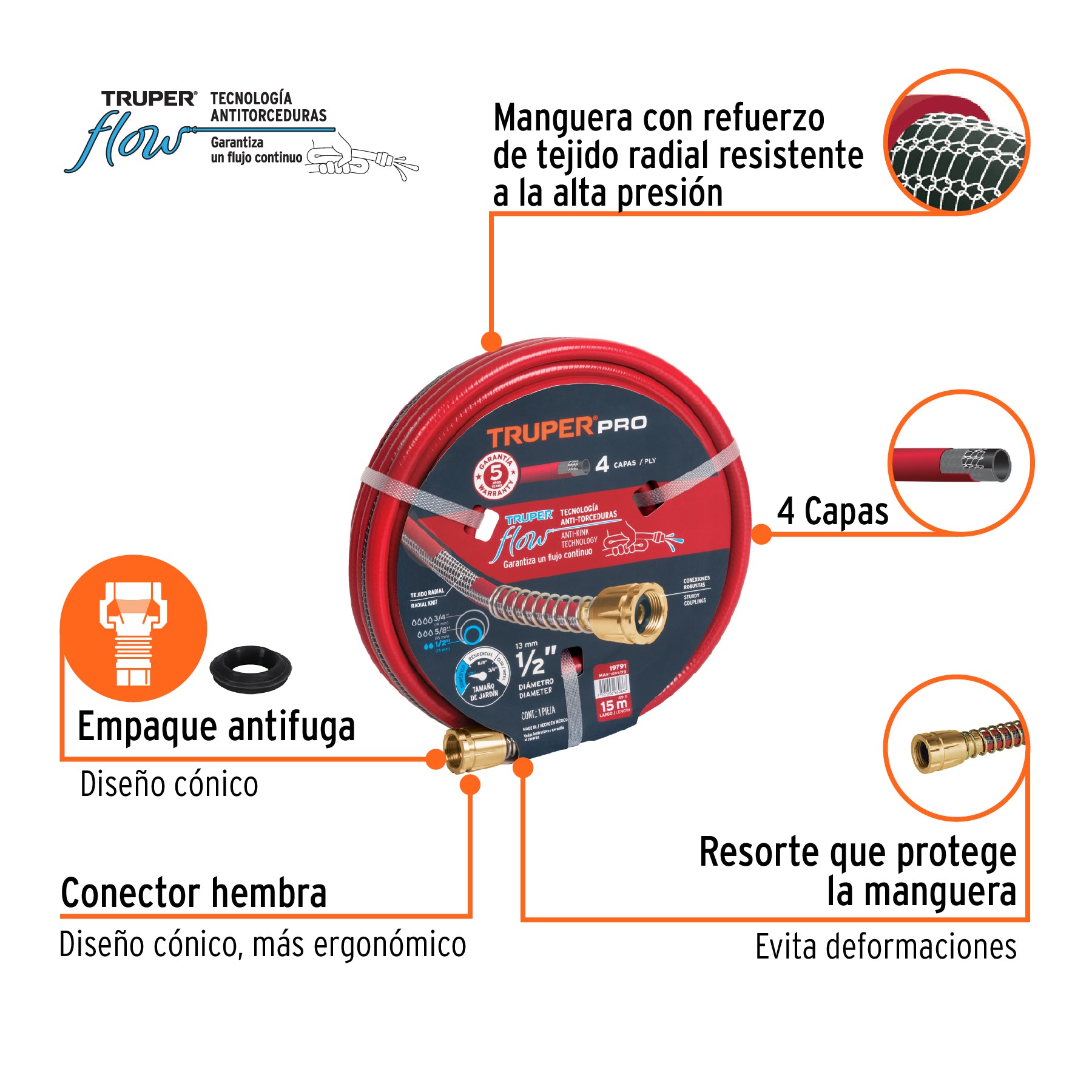 Manguera 1/2" super reforzada 4 capas 15 m conexiones metal