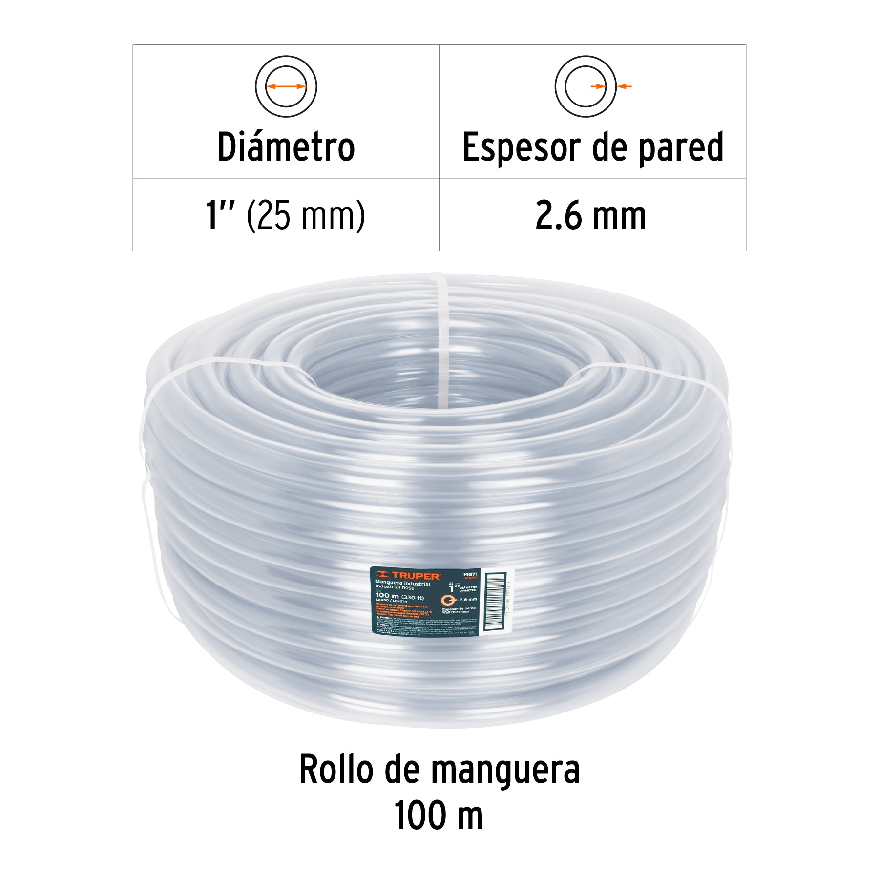 Metro de manguera 1" industrial en rollo de 100 m, TRUPER