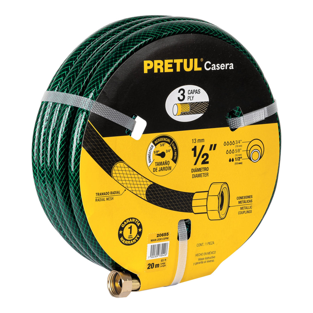 Manguera 1/2" reforzada 3 capas conexiones metal 20m, PRETUL