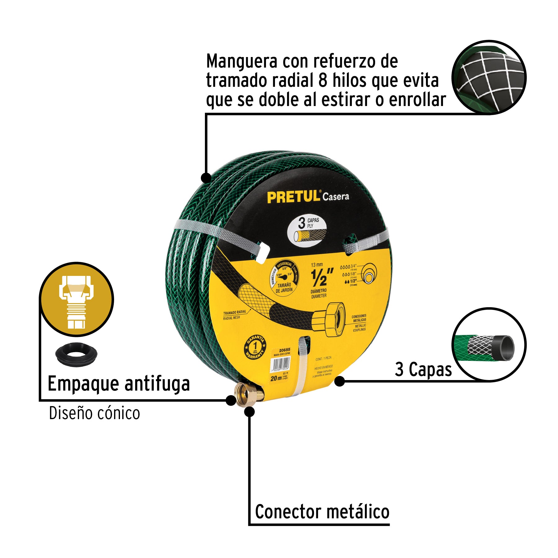 Manguera 1/2" reforzada 3 capas conexiones metal 20m, PRETUL