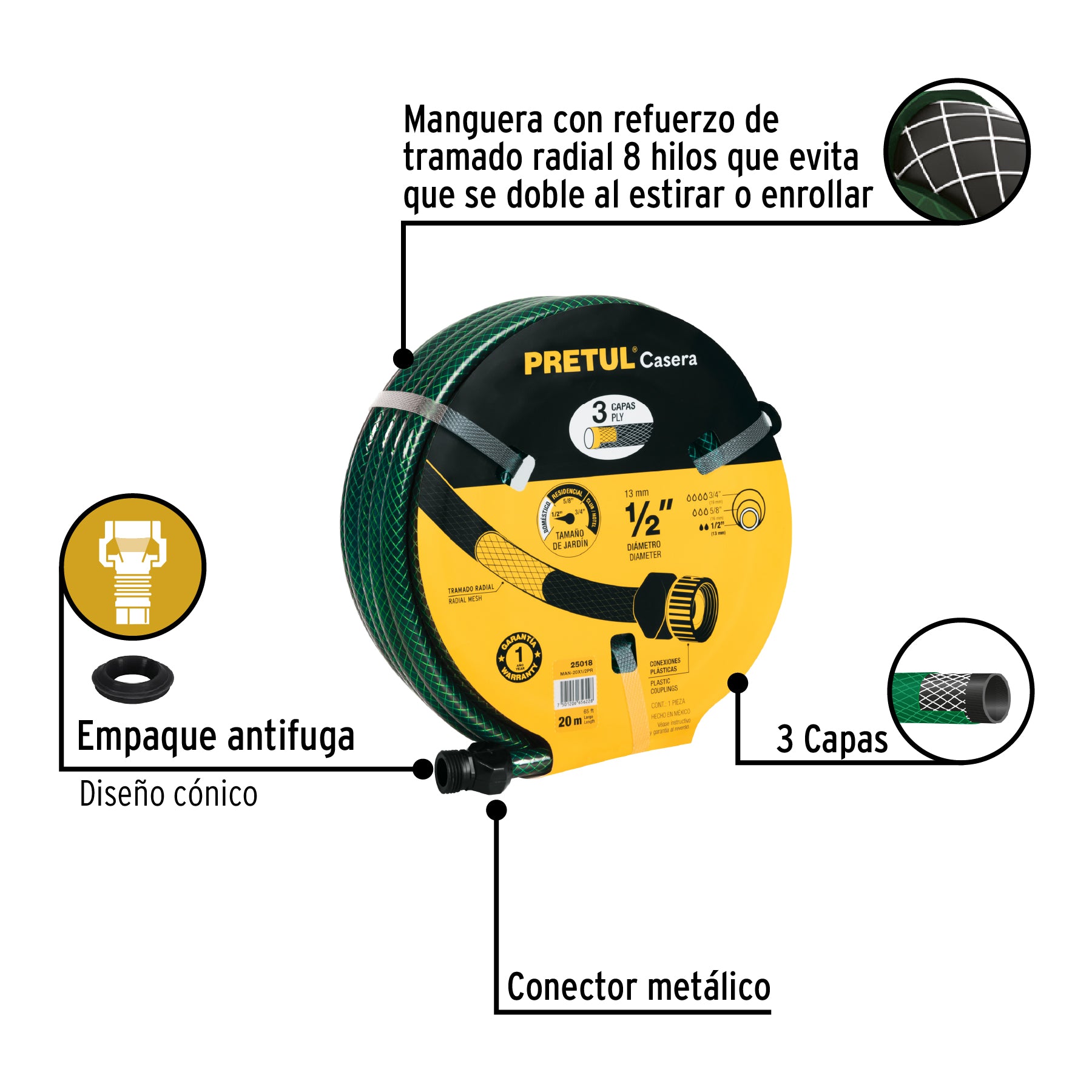 Manguera 1/2" reforzada 3 capas 20m conexiones plást, PRETUL