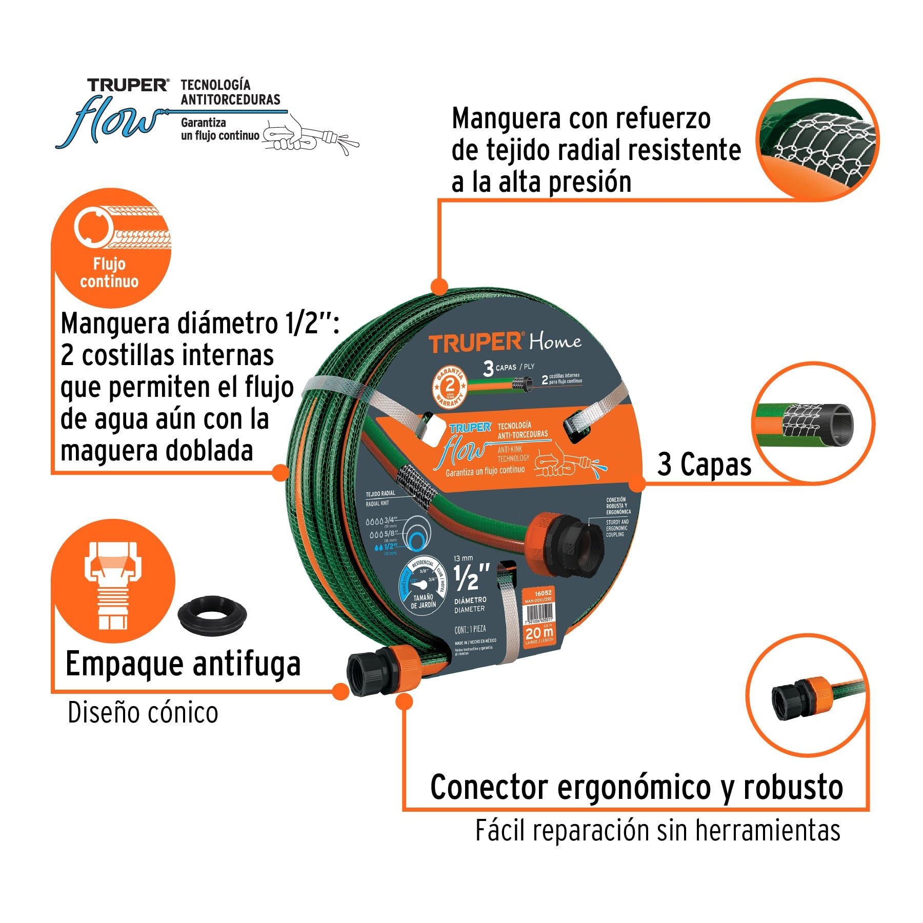 Manguera 1/2"reforzada 3 capas 20 m conexiones plásticas