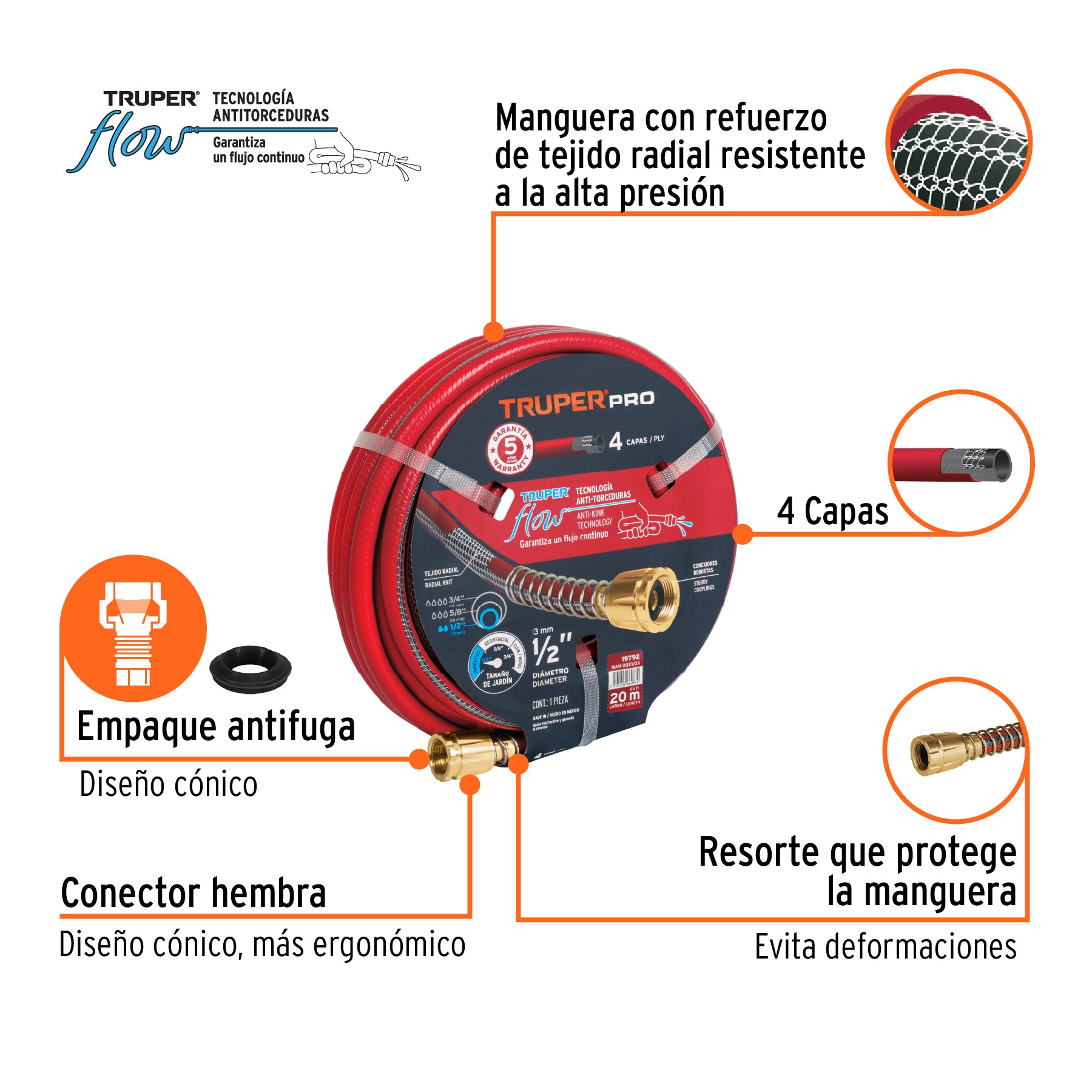 Manguera 1/2" super reforzada 4 capas 20 m conexiones metal